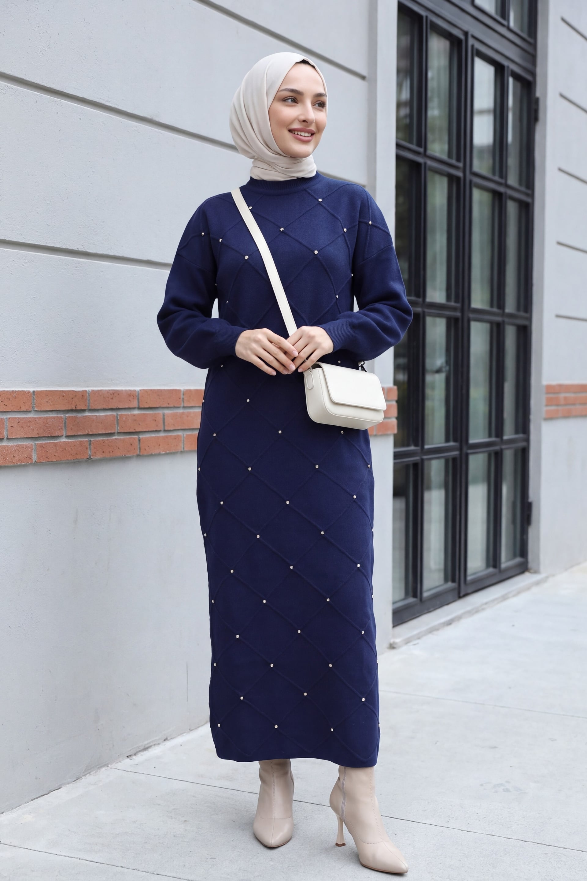 Stone Detail Check Pattern Balloon Sleeve Knit Dress - Navy Blue - Podyumplus - by Peralane - photo 3