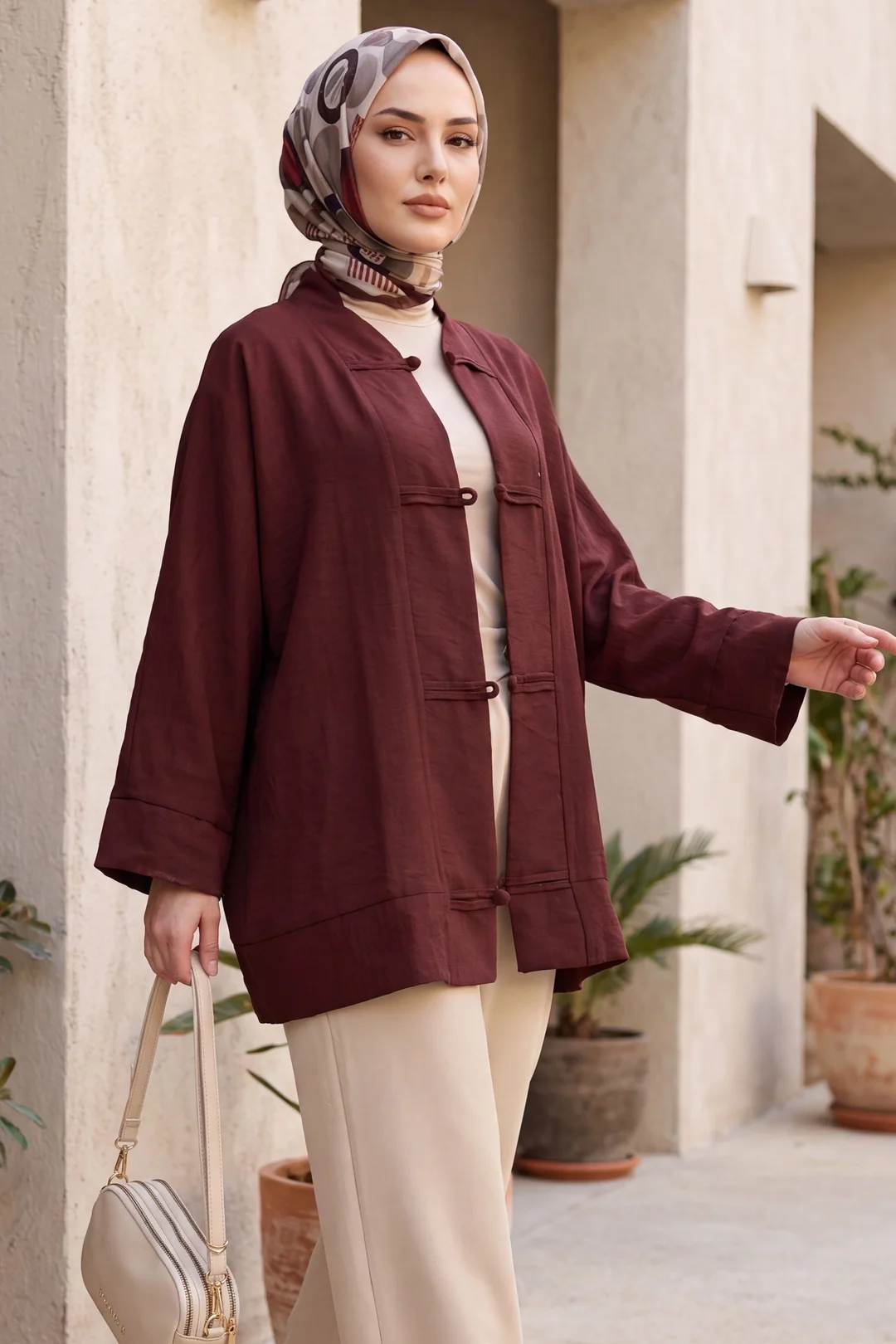 Bias-Trim Button V-Neck Organza Voile Oversize Kimono in Burgundy - Podyumplus - by Peralane - photo 2