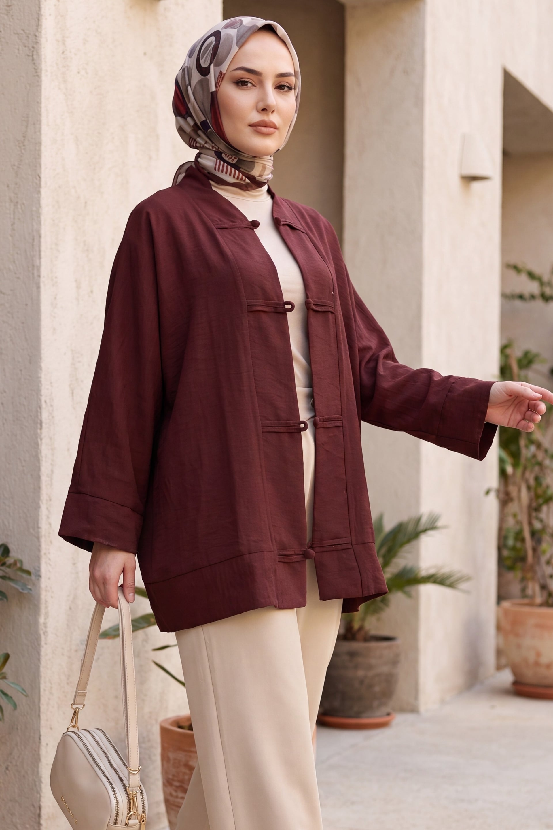 Bias-Trim Button V-Neck Organza Voile Oversize Kimono in Burgundy - Podyumplus - by Peralane - photo 2