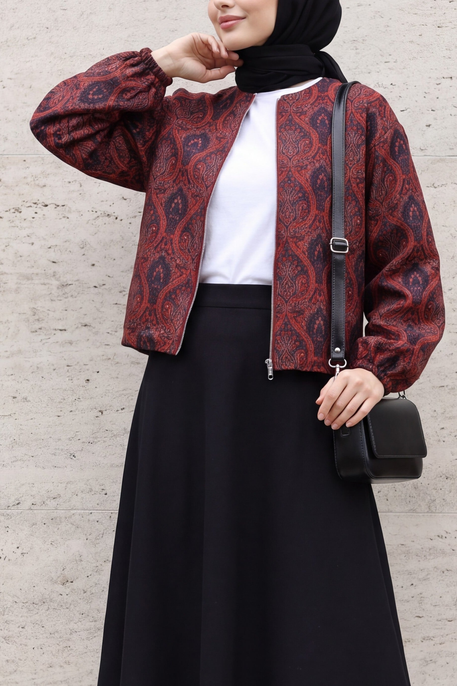 Paisley Print Bomber Jacket with Balloon Sleeves – Coral Red - Podyumplus - by Peralane