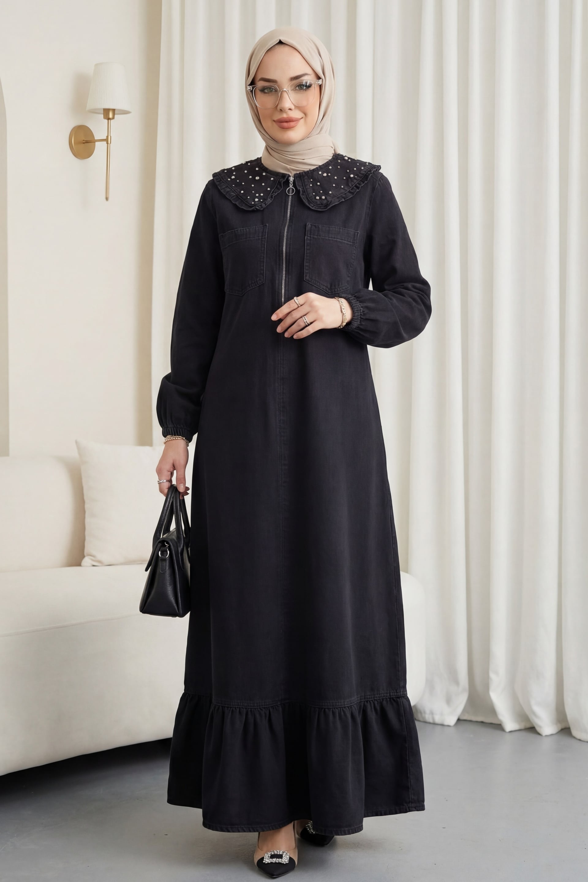 Women's Denim Dress with Ruffle Collar and Belt - Black - Podyumplus - by Peralane - photo 4