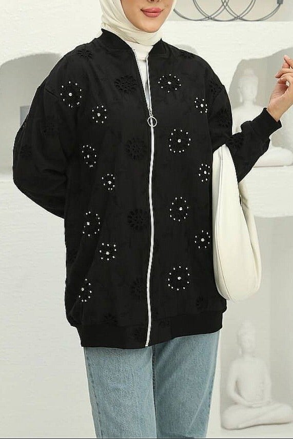 Black Zip-Front Pearl and Stone Embellished Tunic - Podyumplus - by Peralane - photo 4