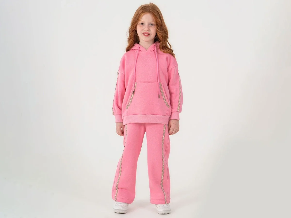 Girls' Pink Hooded Tracksuit Set with Gold Braided Trim - Lumii - by Peralane