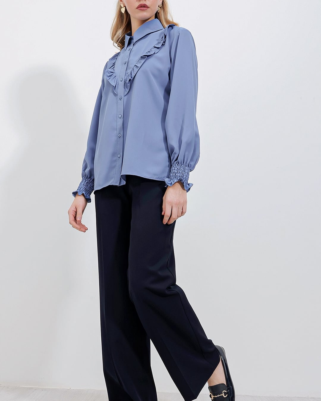 Ruffled Long Sleeve Blouse - Indigo - Bigdart - by Peralane - photo 4
