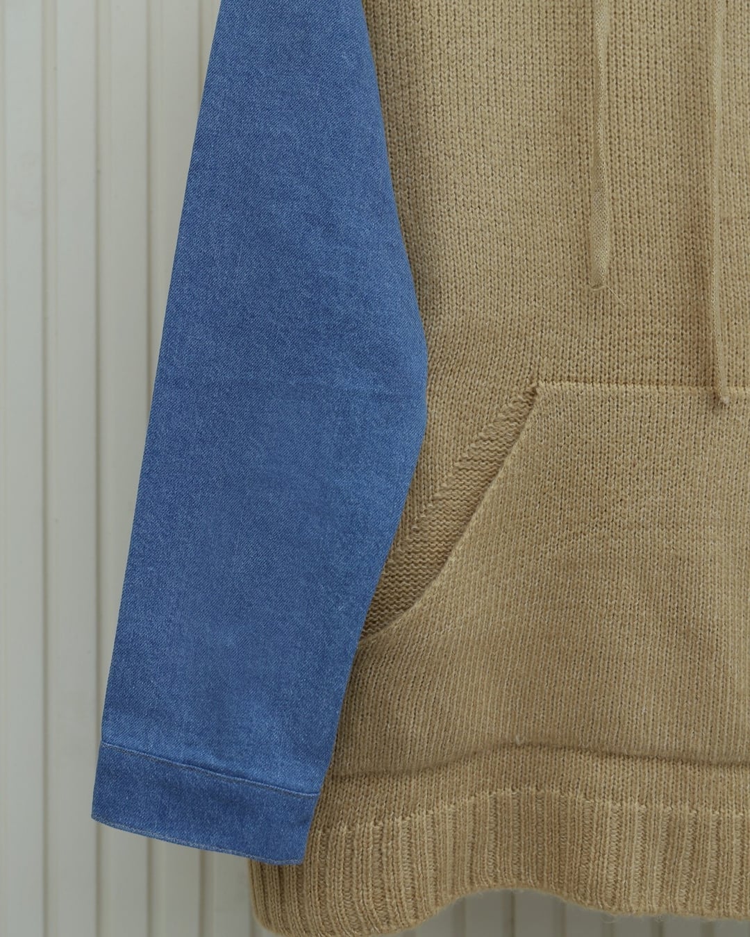 Women's Hooded Knit Sweatshirt with Denim Sleeve Detail and Kangaroo Pocket - Beige - Podyumplus - by Peralane - photo 7