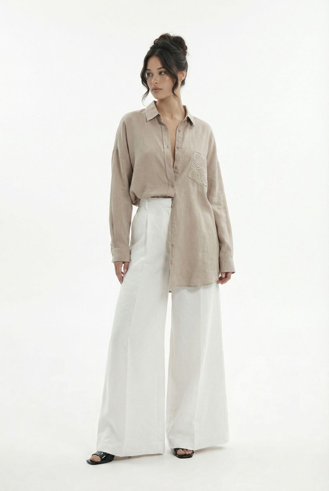 Women's Linen Blouse and Trousers Set in Beige and White - Fame - by Peralane