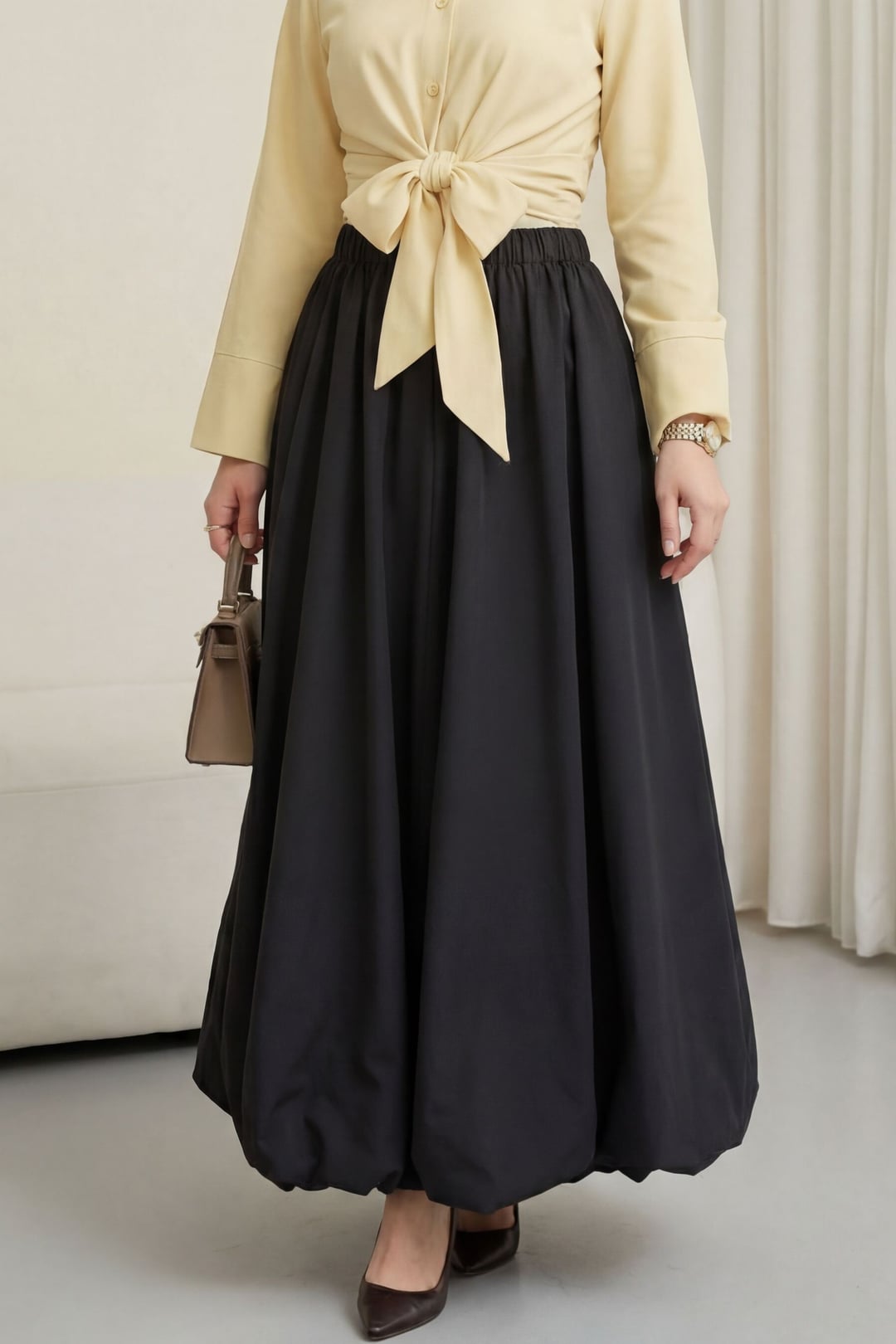 Elasticated Waist Lined Poplin Balloon Skirt - Black - Podyumplus - by Peralane - photo 2