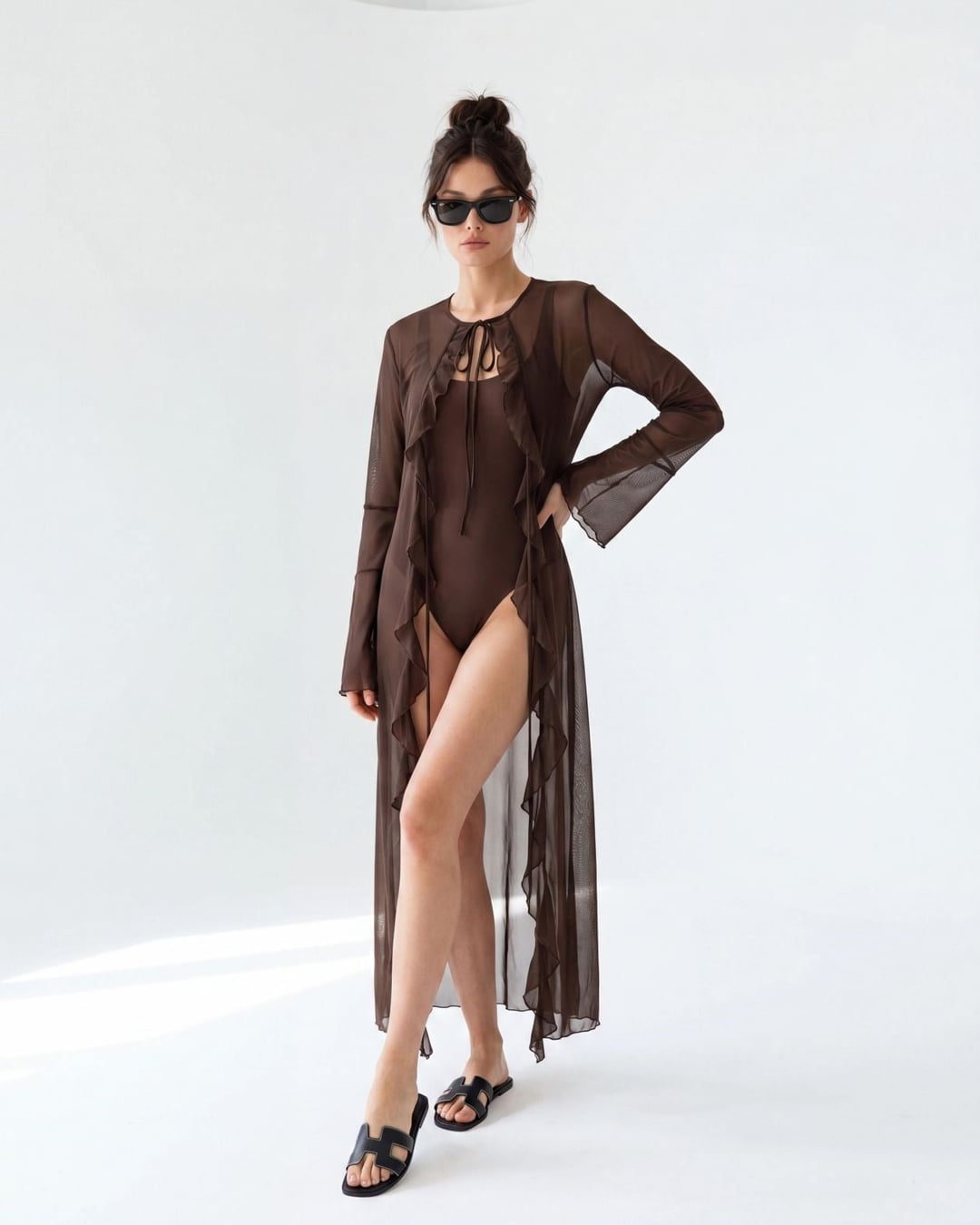 Dark Brown Sheer Ruffle Kimono with Tie Closure - Fame - by Peralane