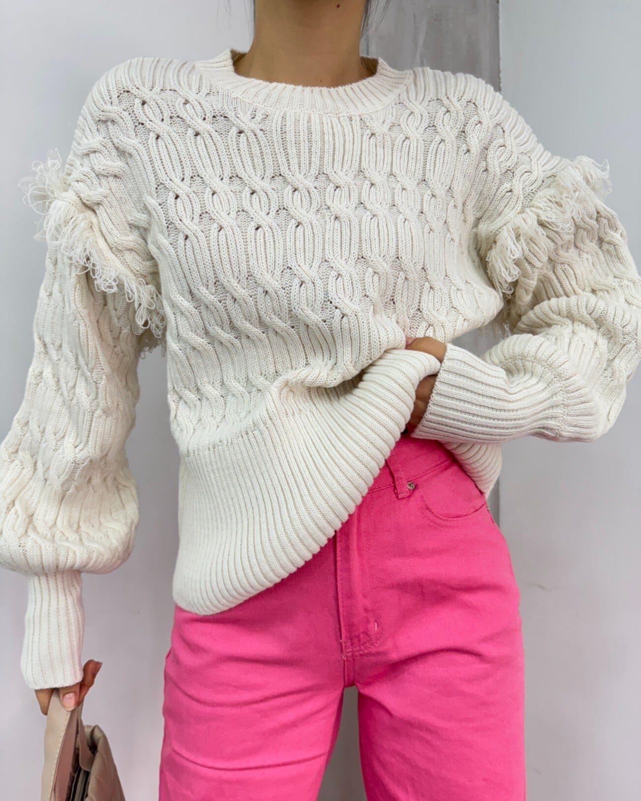 Cream Fringe Detail Balloon Sleeve Cable Knit Sweater - Podyumplus - by Peralane - photo 7