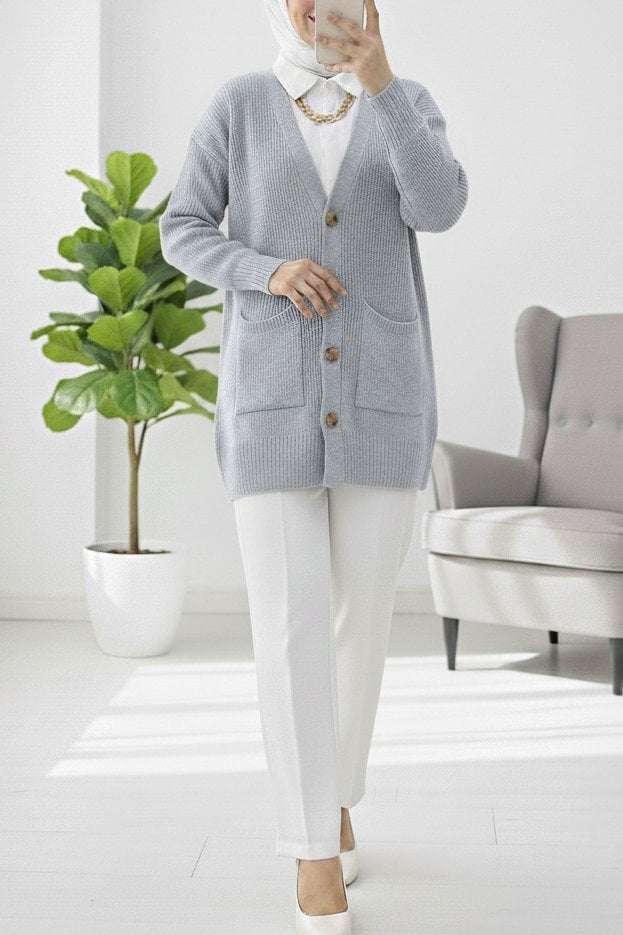 Grey Double Pocket Knit Cardigan - Podyumplus - by Peralane