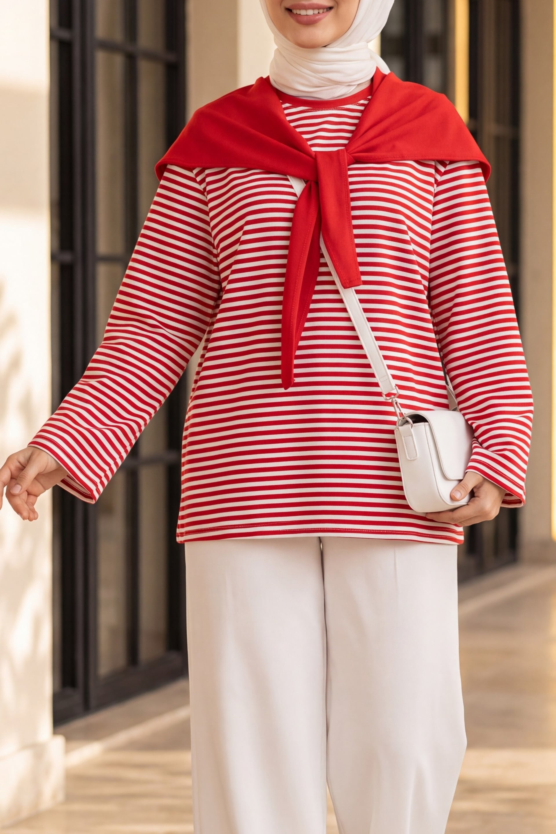 Red and White Striped Long-Sleeved Sweatshirt with Scarf Detail - Podyumplus - by Peralane