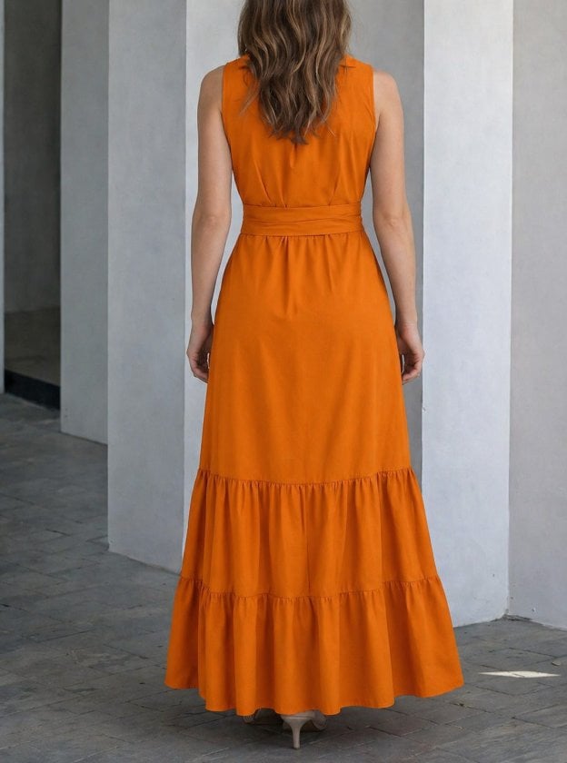 Women's Sleeveless Collared Button-Front Long Tricoton Dress with Belt - Janes - by Peralane - photo 3