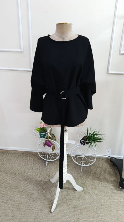 Women's Long-Sleeved Round Neck Batwing Sleeve Belted Satin Blouse - Janes - by Peralane - photo 4