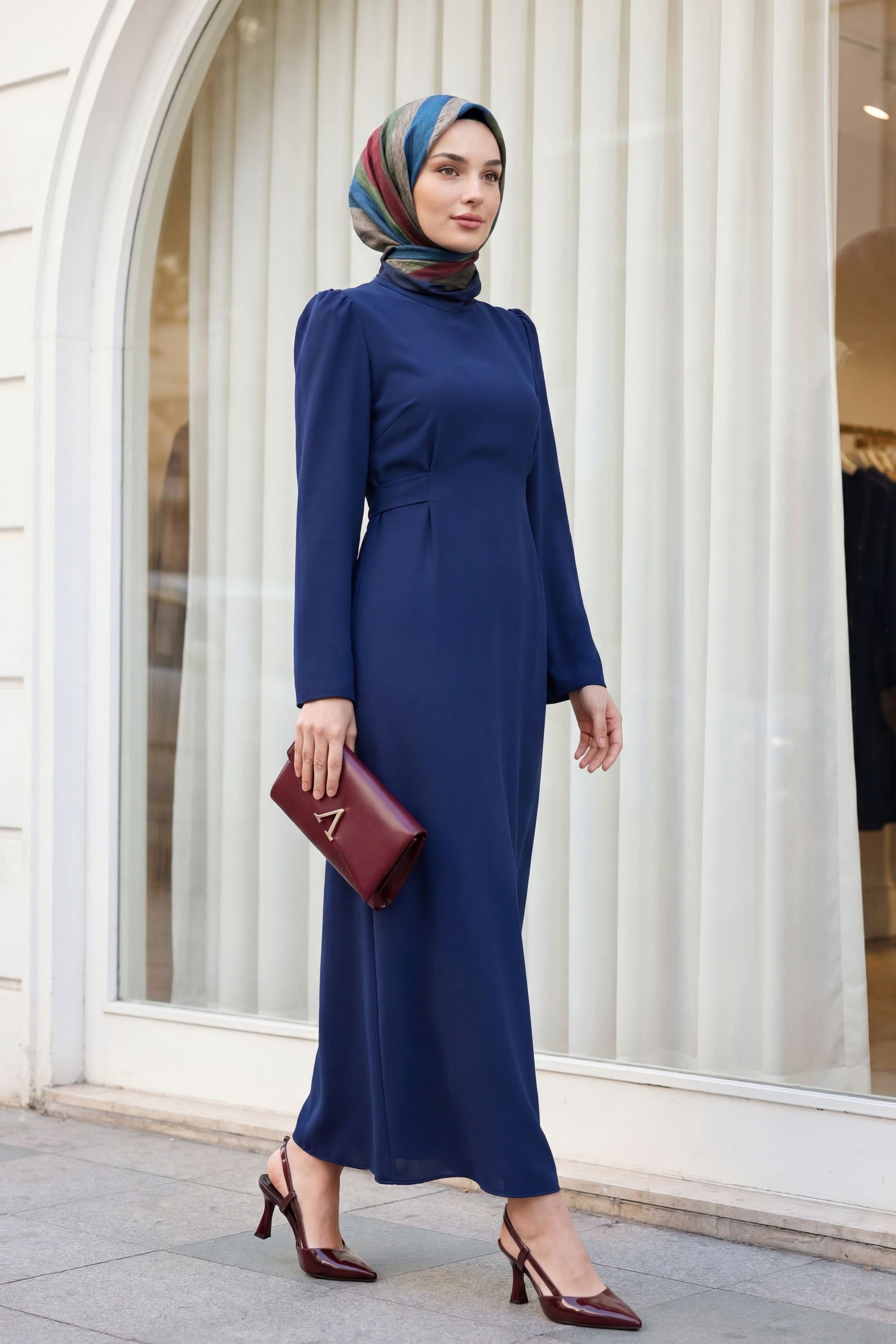 Long-Sleeved High Neck Tie-Waist Dress in Parliament Blue - Podyumplus - by Peralane - photo 2