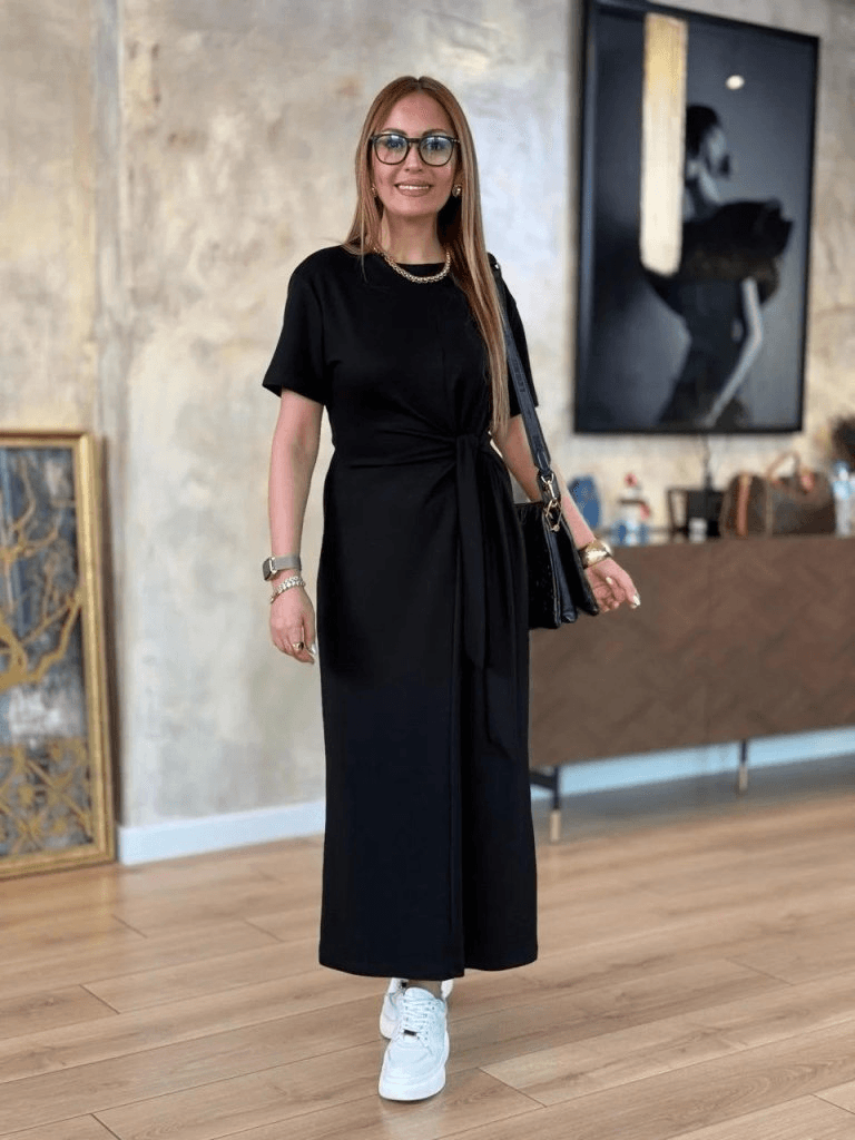 Women's Black Short-Sleeve Viscose Two-Thread Knot Waist Midi Dress - Janes - by Peralane - photo 4