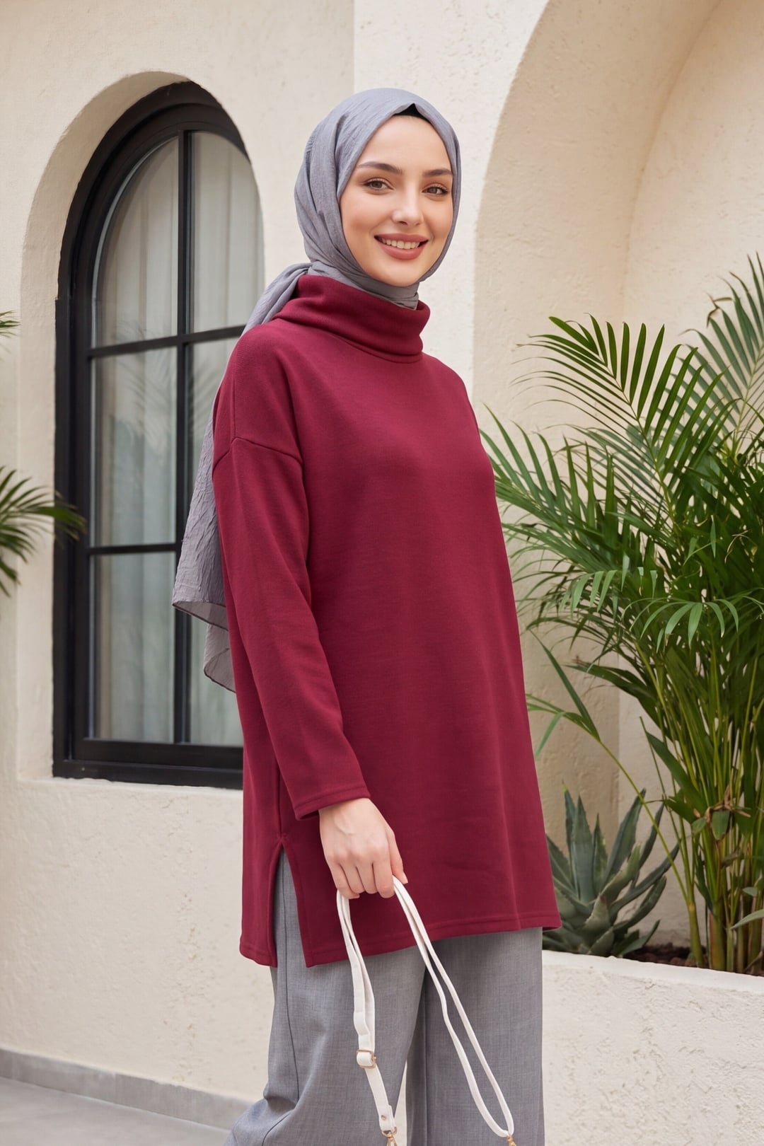 Burgundy Turtleneck Slit Tunic - Podyumplus - by Peralane