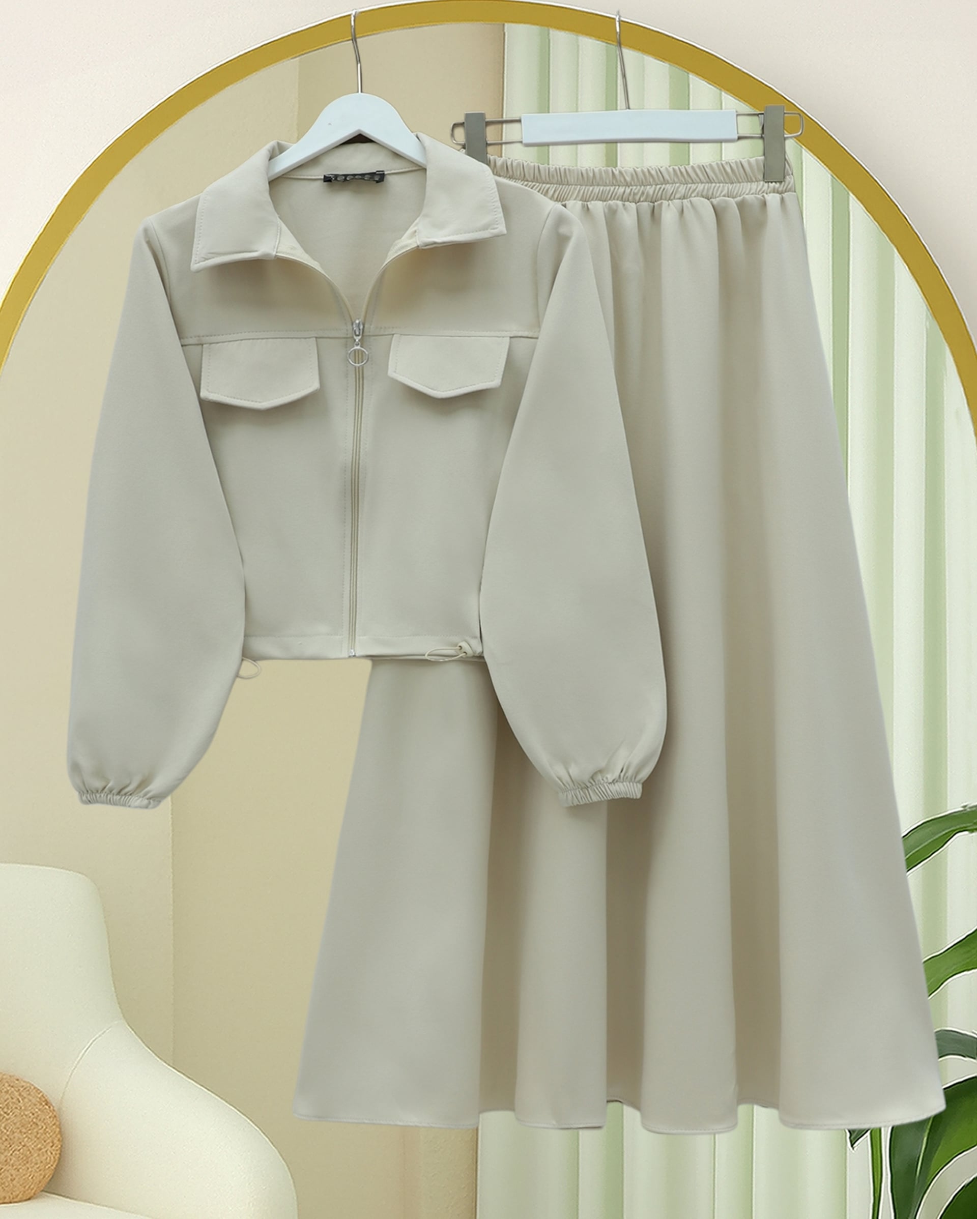 Zip-Front Two-Piece Set with Elastic Waist and Cuffs - Beige - Podyumplus - by Peralane - photo 2
