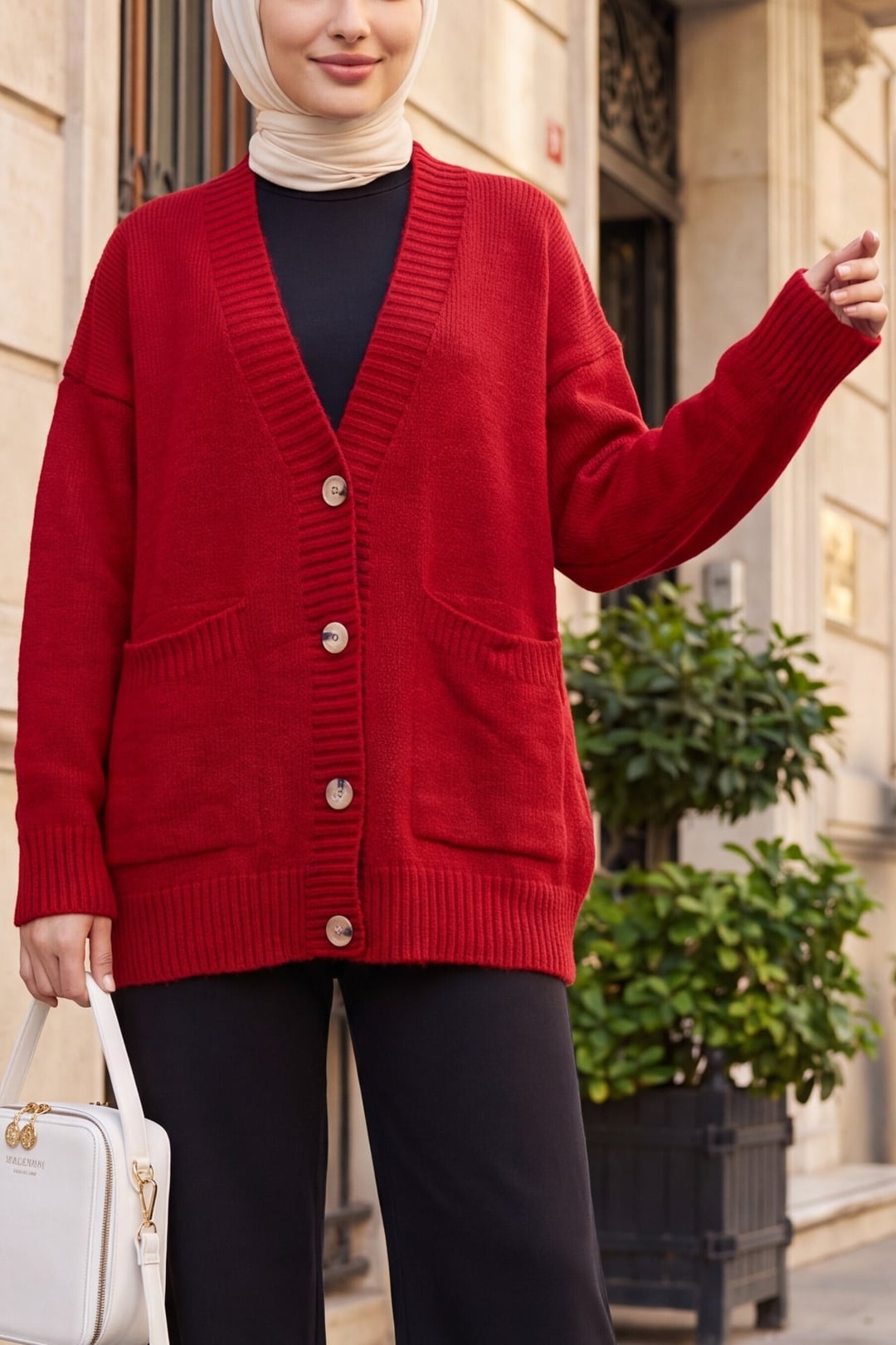 Red Button-Front Loose Knit Cardigan with Pockets - Podyumplus - by Peralane