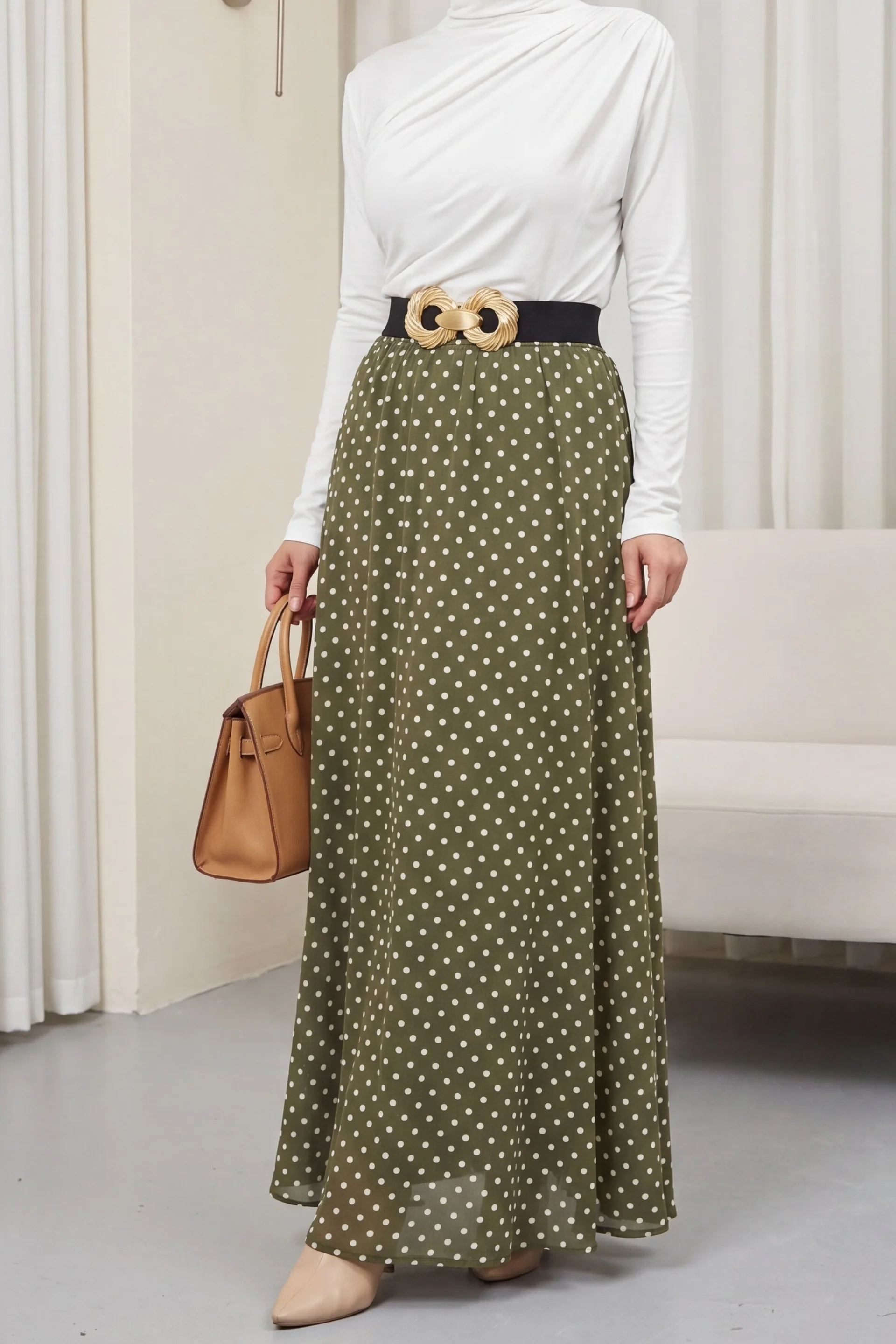 Polka Dot Elastic Waist Lined Chiffon Skirt - Olive Green - Podyumplus - by Peralane