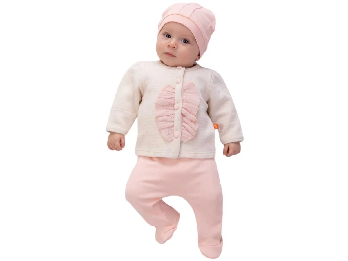 Button Ruffle Detail 3-Piece Newborn Baby Girl Set - Dusty Pink - Beyaz Bebek - by Peralane