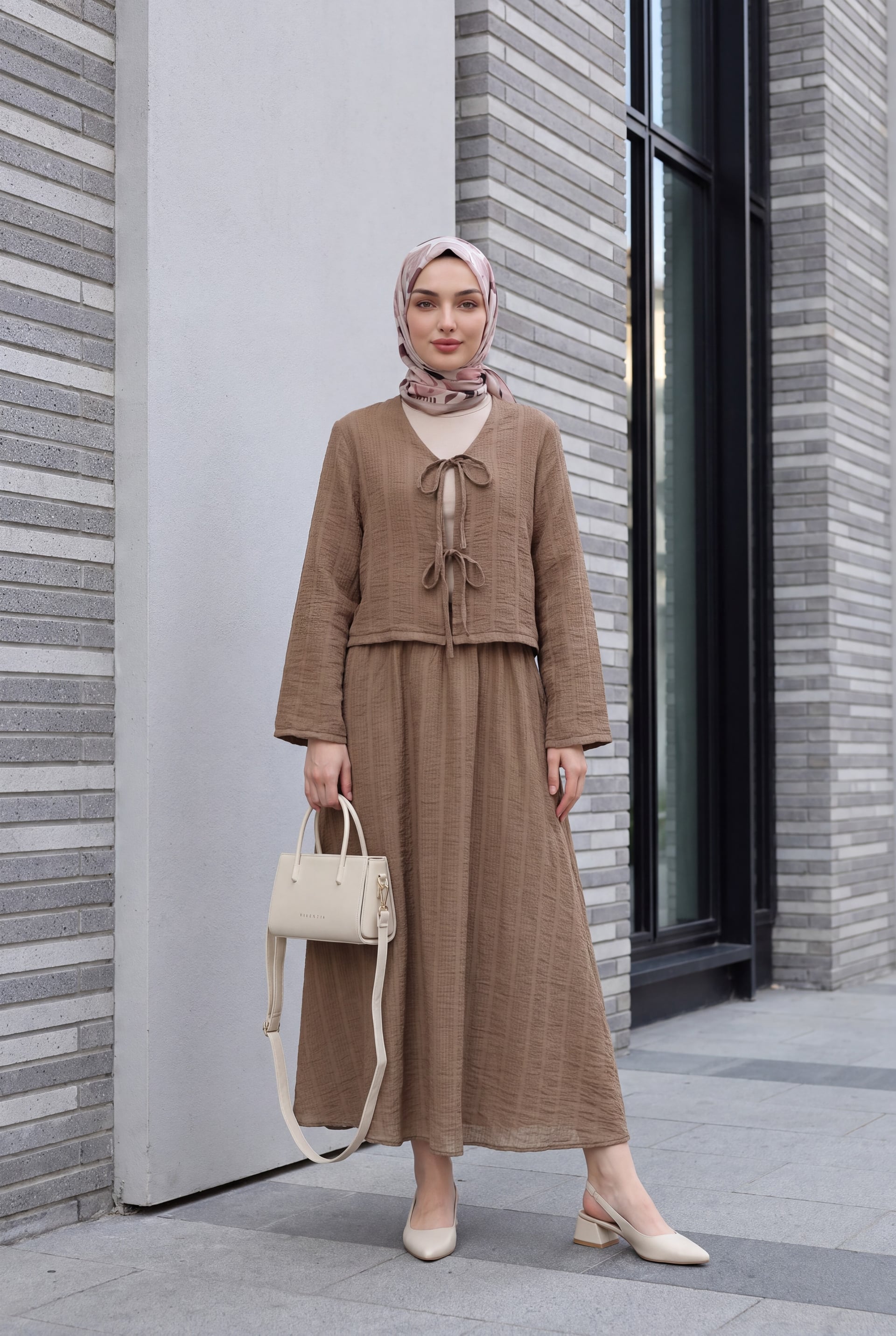 Tie-Front Kimono Set with Lined Skirt - Light Brown - Podyumplus - by Peralane