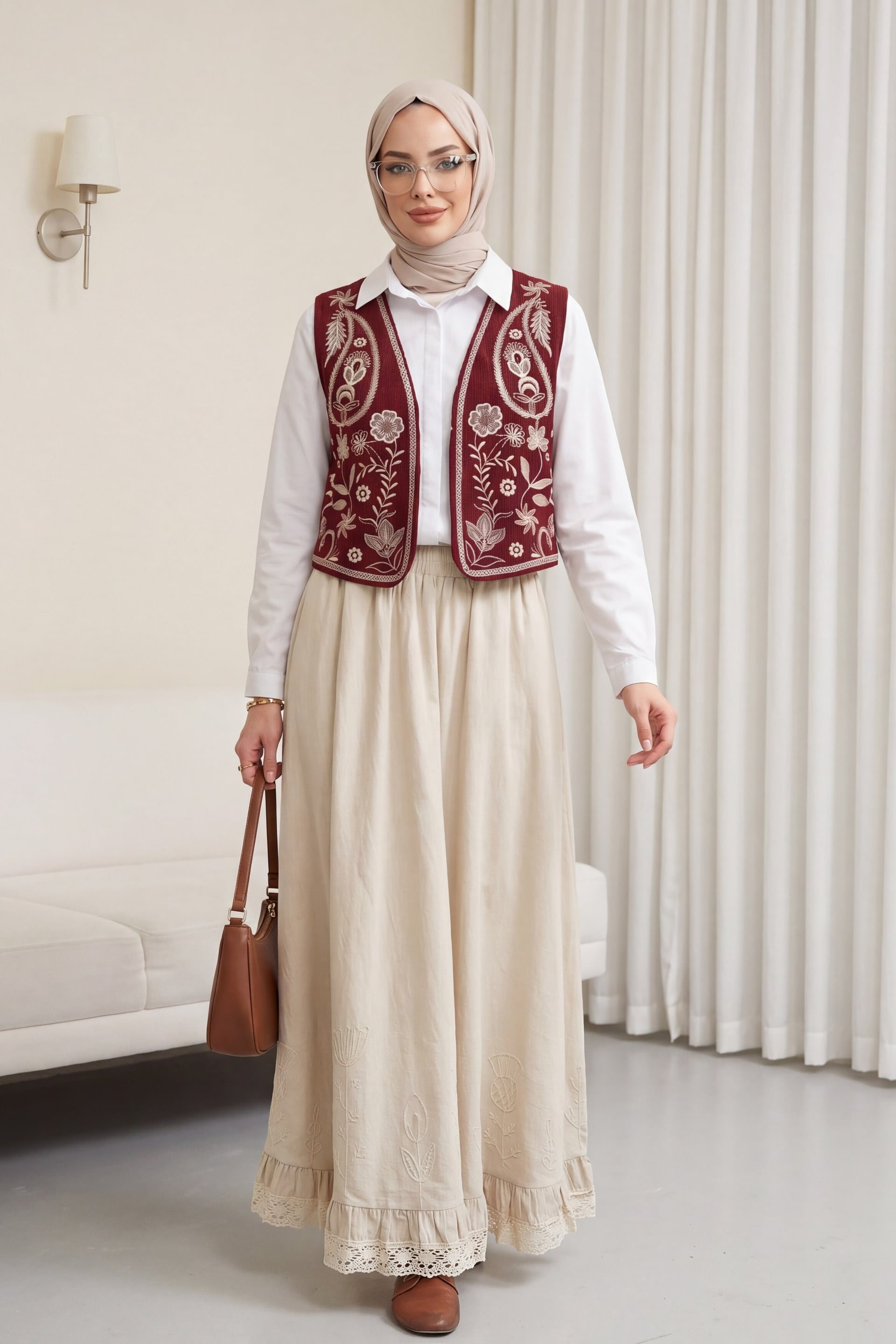 Embroidered Corduroy Velvet Vest - Bordeaux - Podyumplus - by Peralane - photo 2