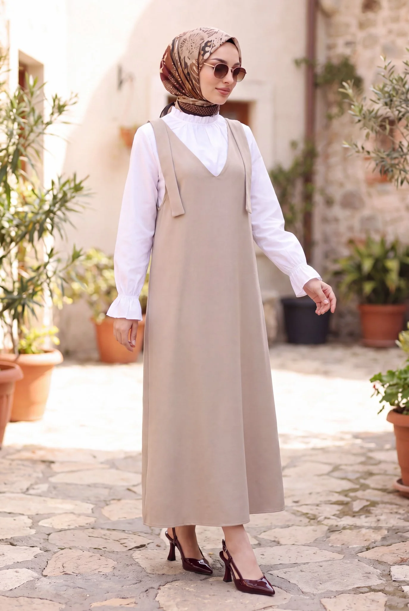 Long Pinafore Dress with Shoulder Ties - Beige - Podyumplus - by Peralane - photo 6
