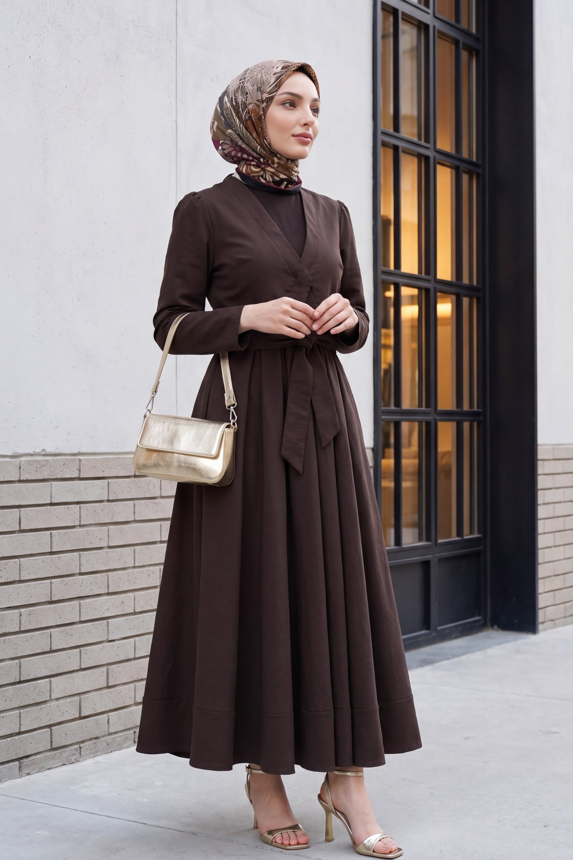 Brown Tie-Waist Vest Detail Midi Dress - Podyumplus - by Peralane - photo 4
