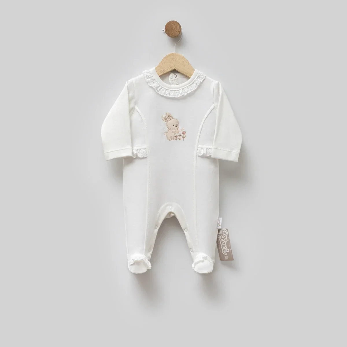 Baby Footed Pajamas with Lace Trim and Bunny Embroidery - Ecru - Flexi Baby - by Peralane