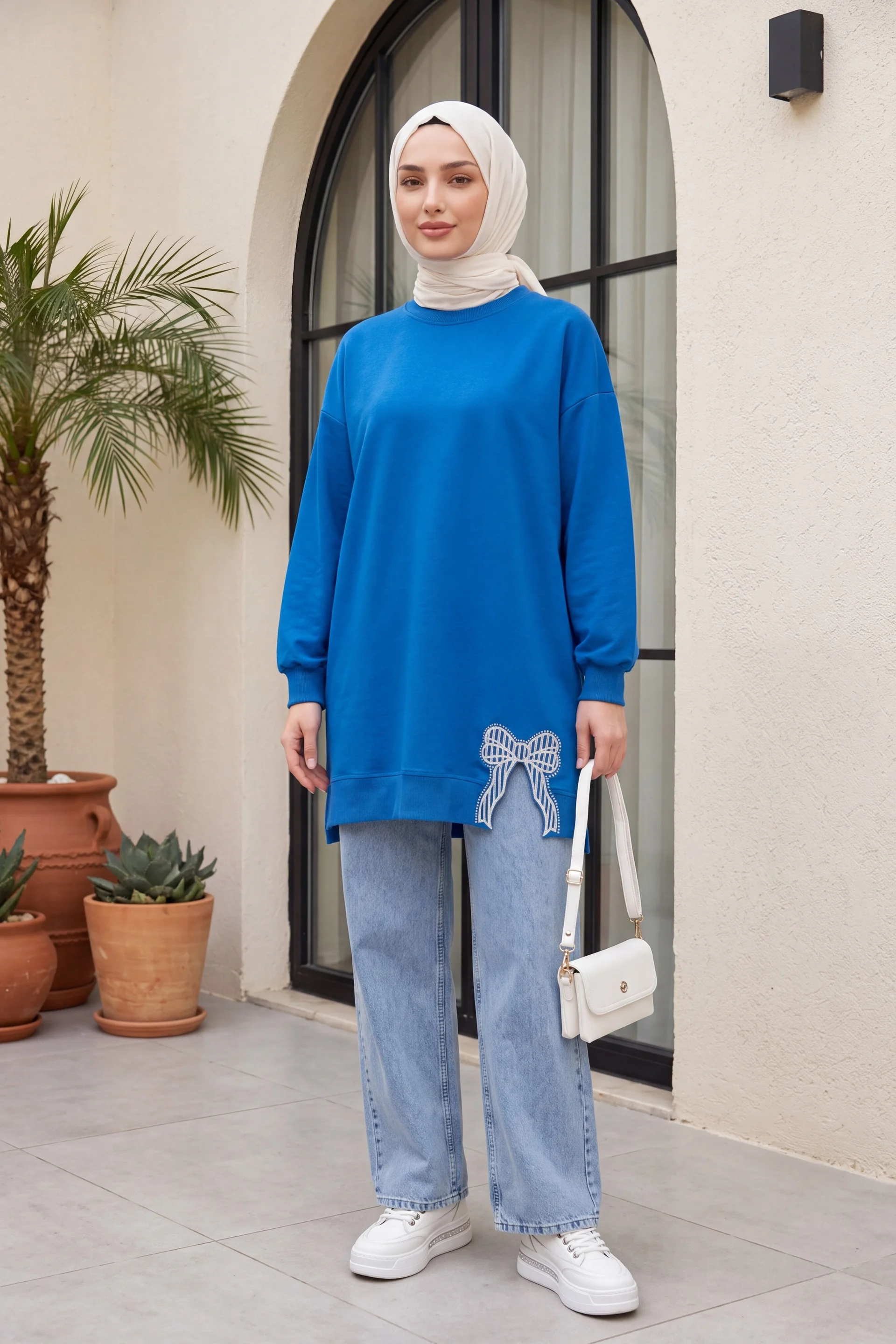Round Neck Bow Detail Casual Knit Tunic - Blue - Podyumplus - by Peralane - photo 2