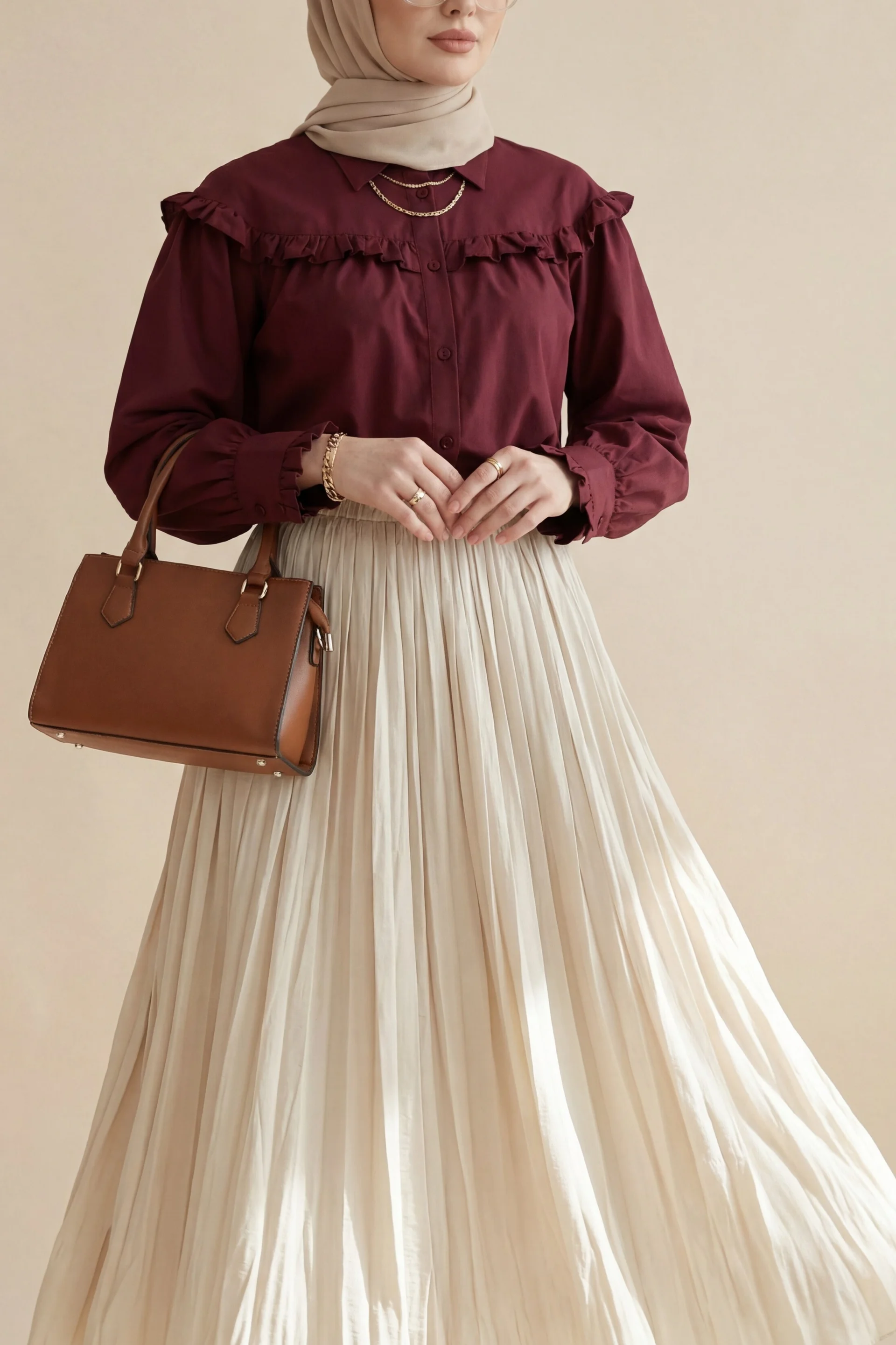 Elasticated Waist Crinkle Skirt - Beige - Podyumplus - by Peralane - photo 3