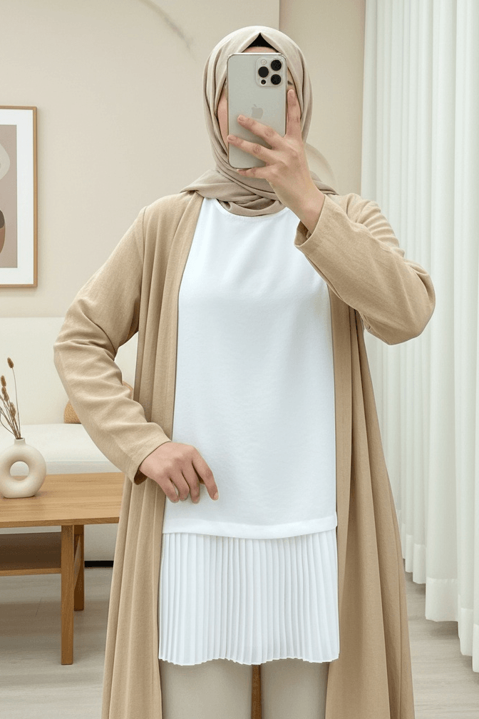 White Pleated Hem Modal Slip with Beige Cardigan - Women's Longline Cardigan and Top Set - Podyumplus - by Peralane
