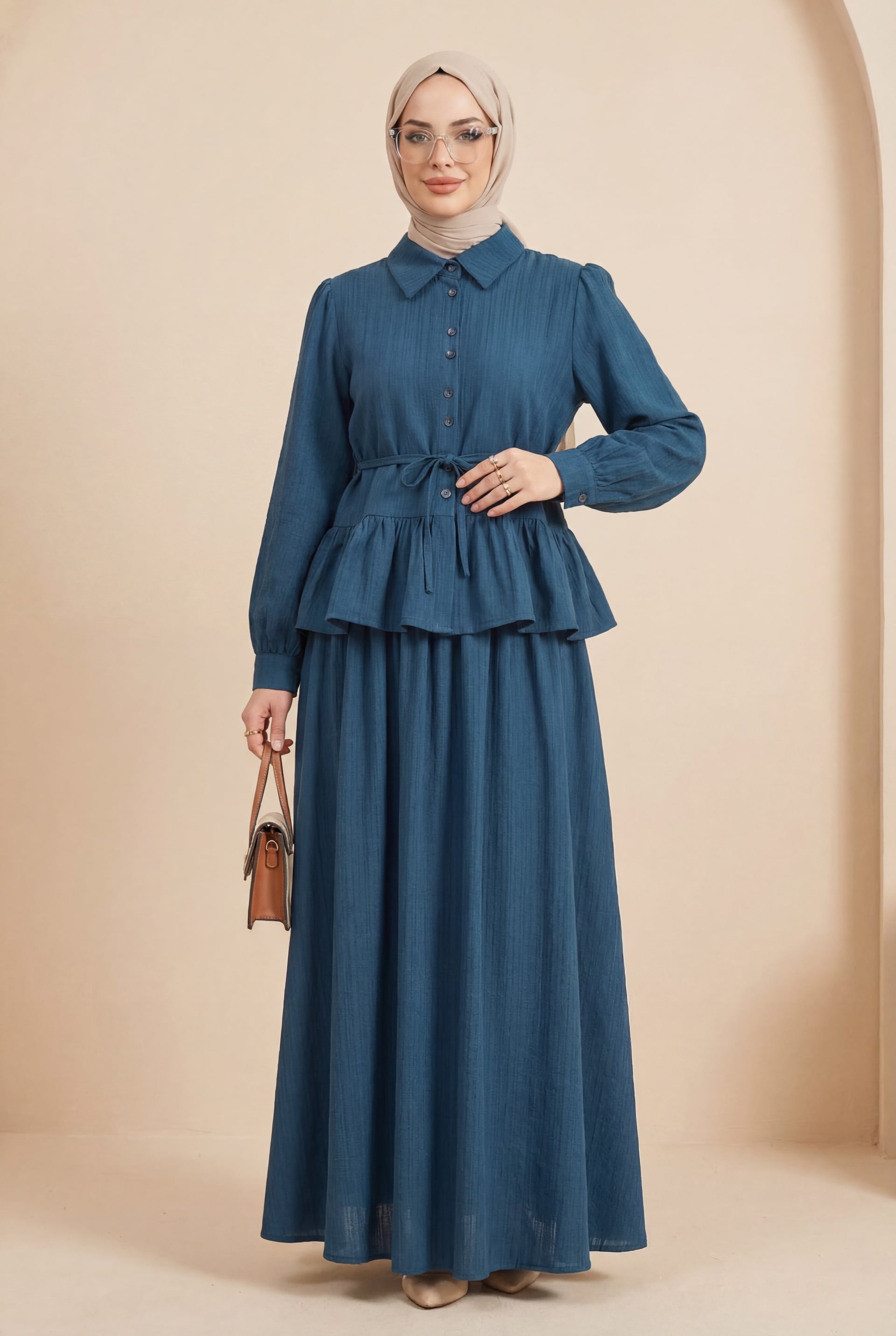 Button-Front Tunic and Maxi Skirt Set in Dark Blue - Podyumplus - by Peralane - photo 4