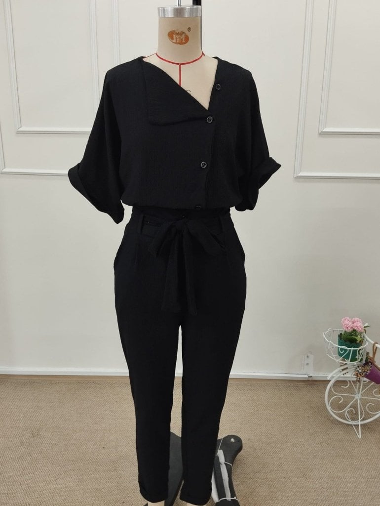 Women's Short-Sleeved Collared Button-Front Crinkled Blouse and Trousers Two-Piece Set - Janes - by Peralane - photo 4