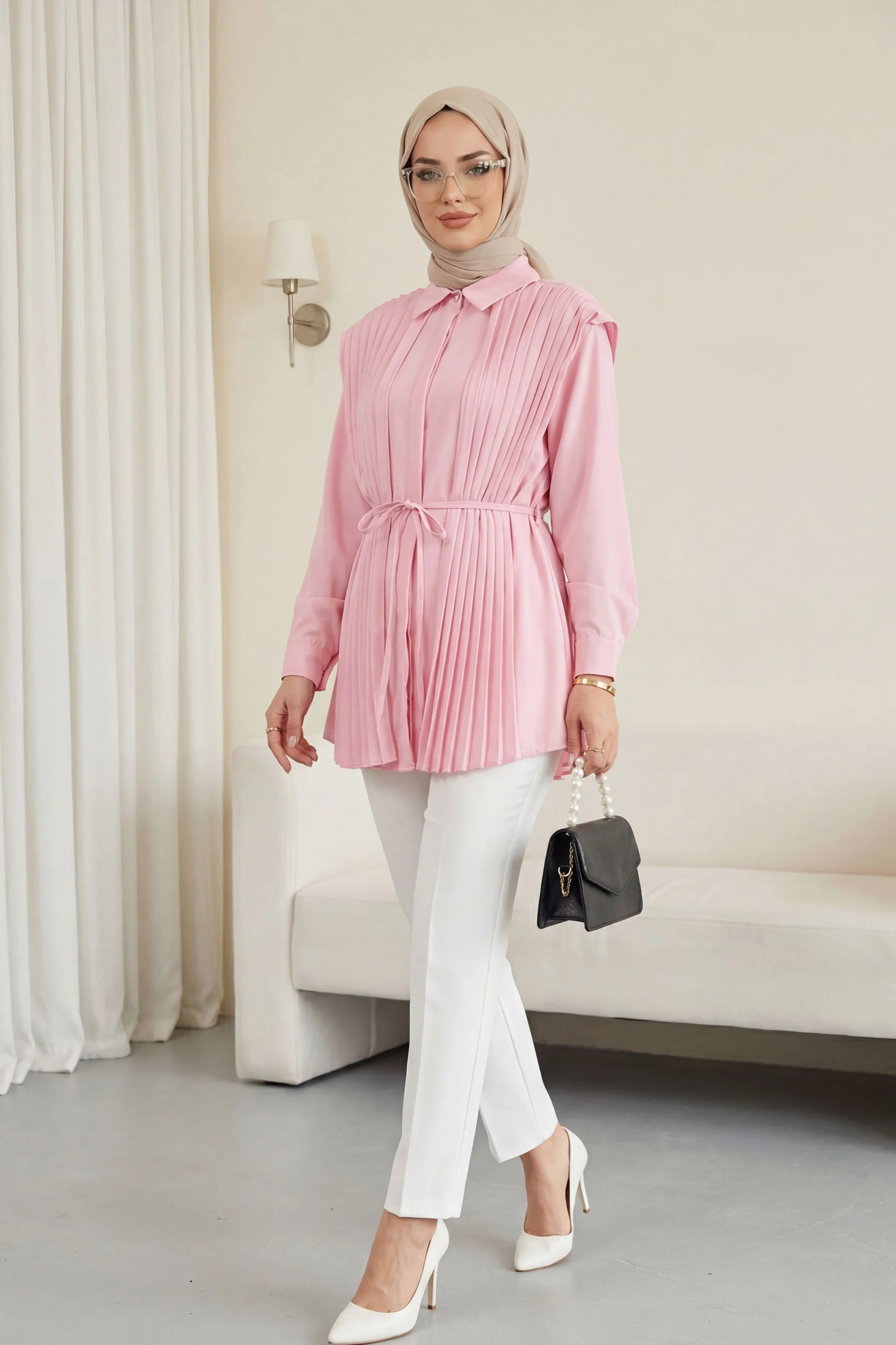 Pink Pleated Poplin Blouse with Hidden Button Closure - Podyumplus - by Peralane - photo 3