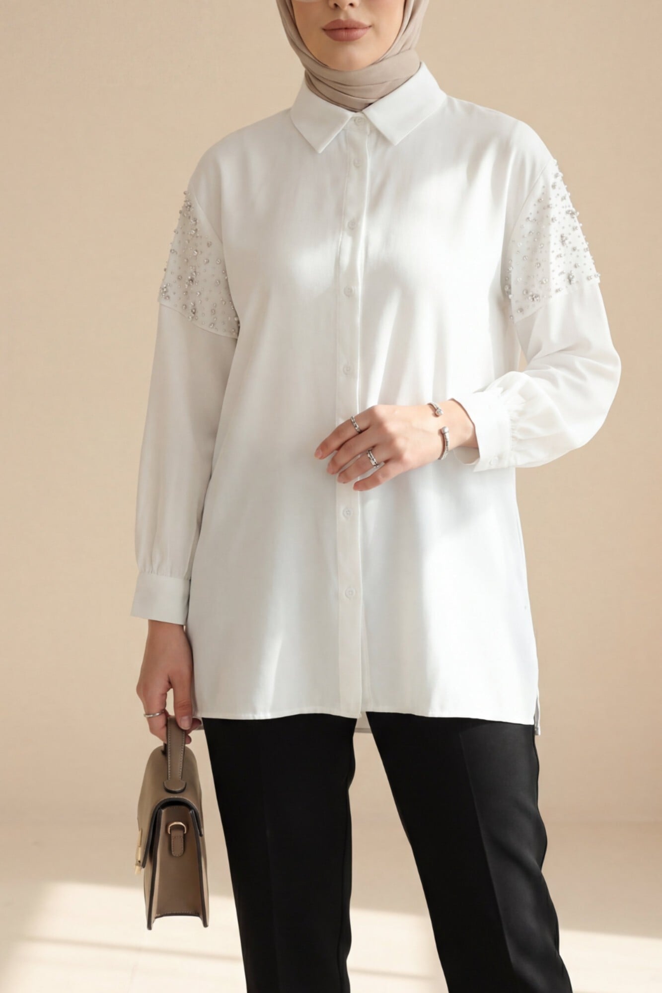 White Stone Detail Slit Button Cupra Shirt for Women - Podyumplus - by Peralane