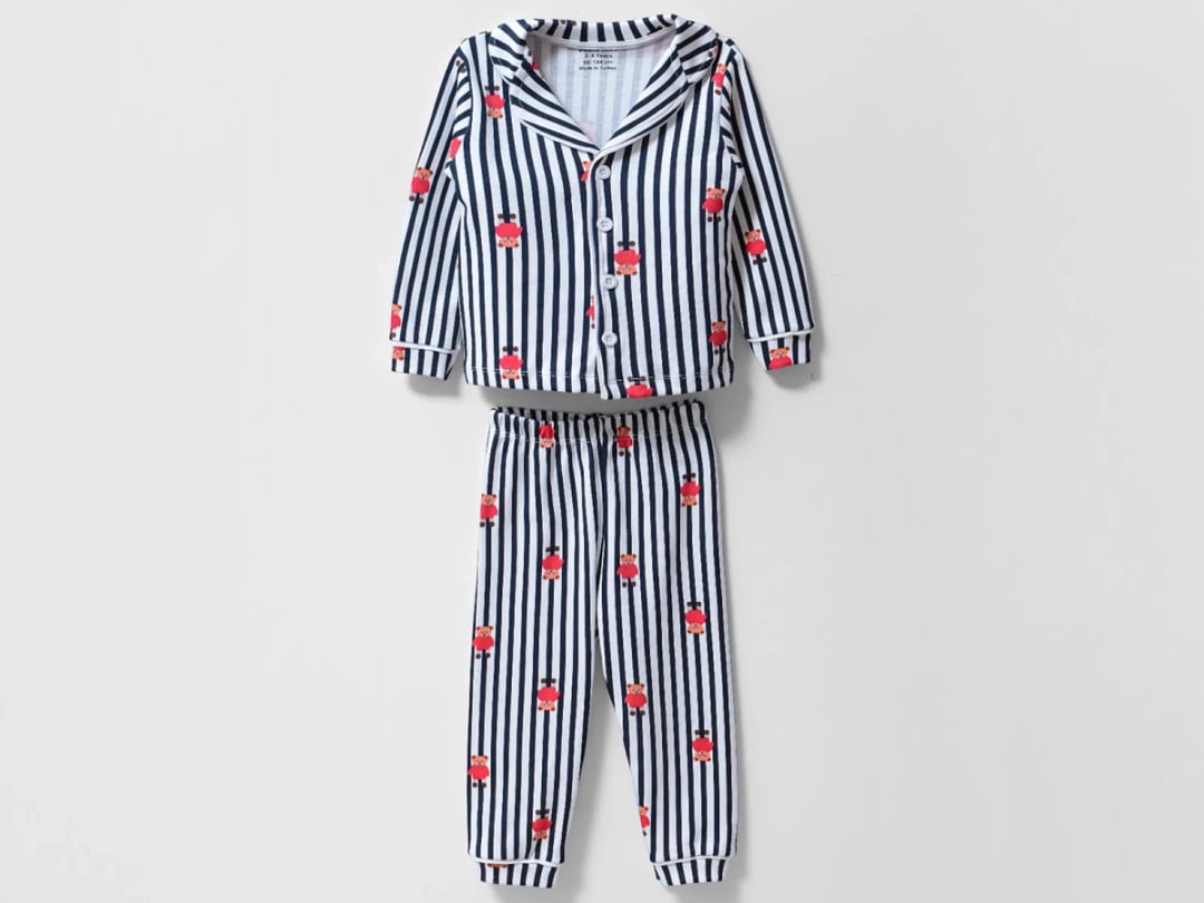 Striped Teddy Bear Print Boys' Pyjama Set - Navy Blue - Dolas - by Peralane
