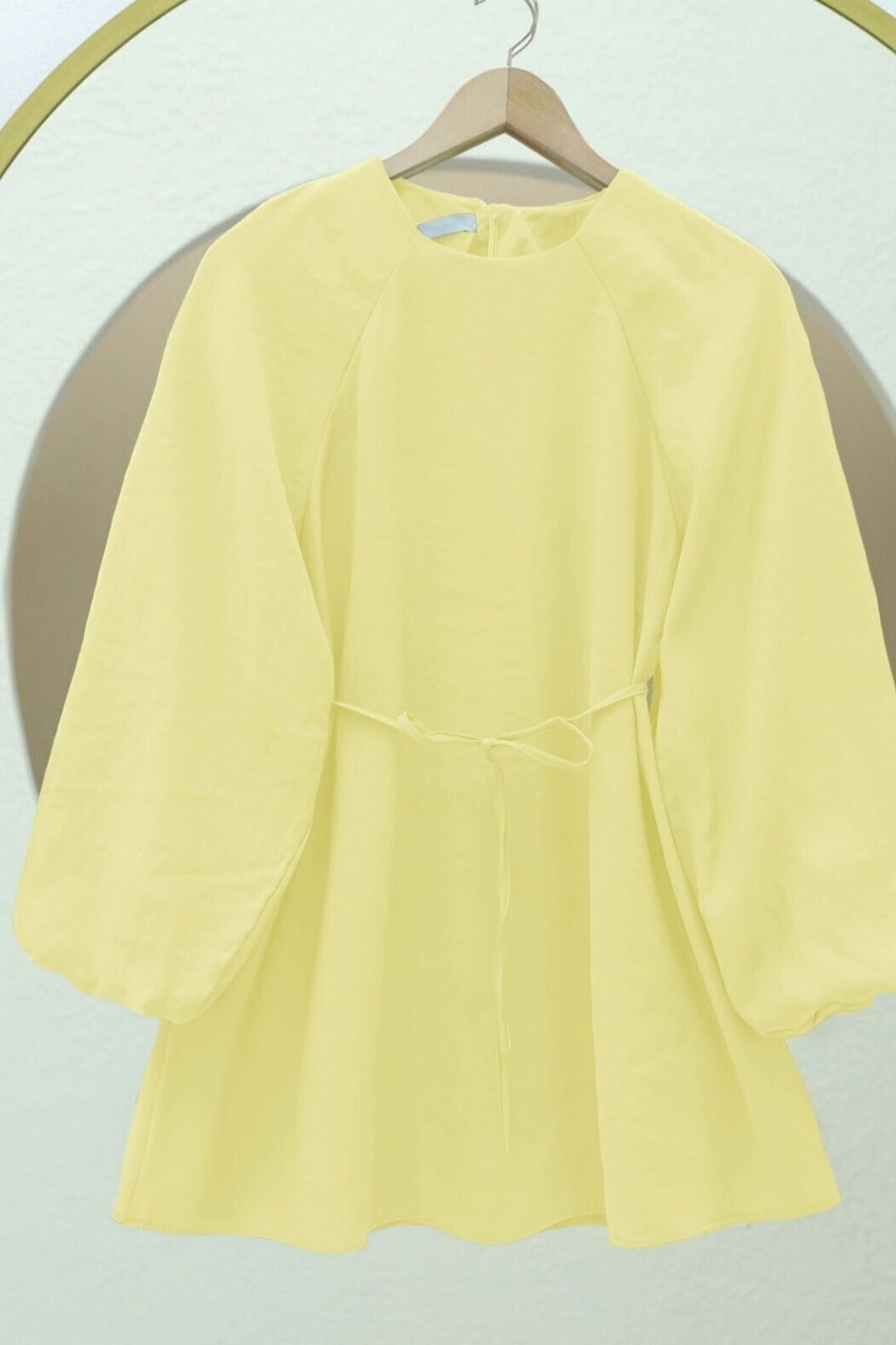 Round Neck Tie Waist Balloon Sleeve Tunic - Pale Yellow - Podyumplus - by Peralane - photo 4