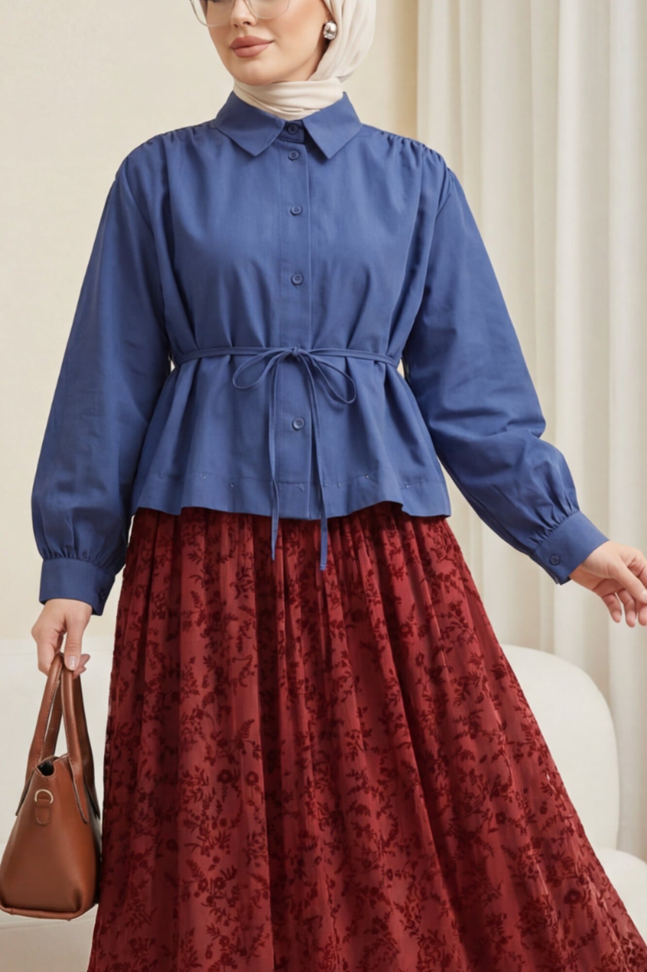 Women's Navy Blue Shirred Shoulder Blouse with Tie Detail - Podyumplus - by Peralane