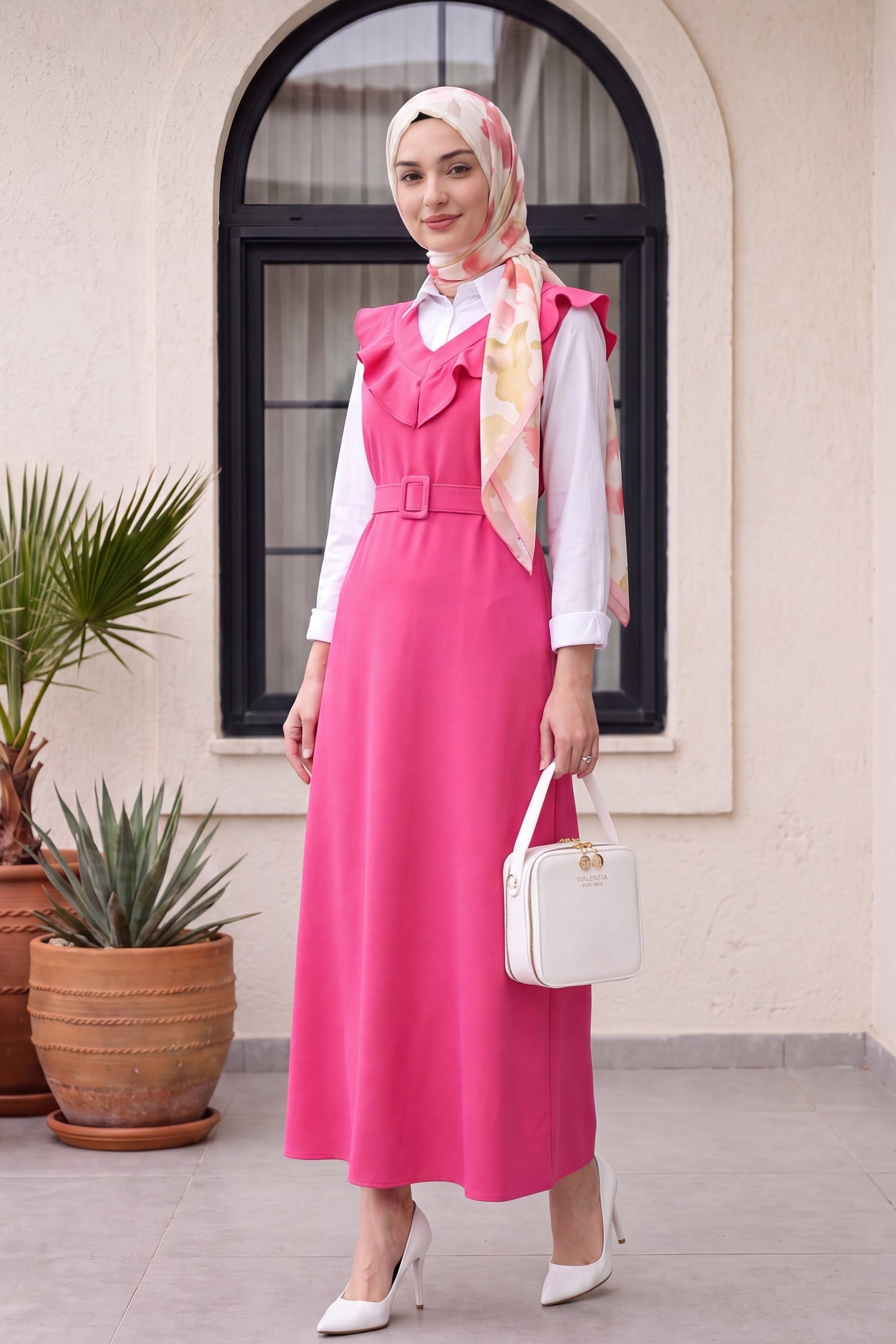 Fuchsia V-Neck Ruffle Trim Belted Long Jile Dress - Podyumplus - by Peralane - photo 4