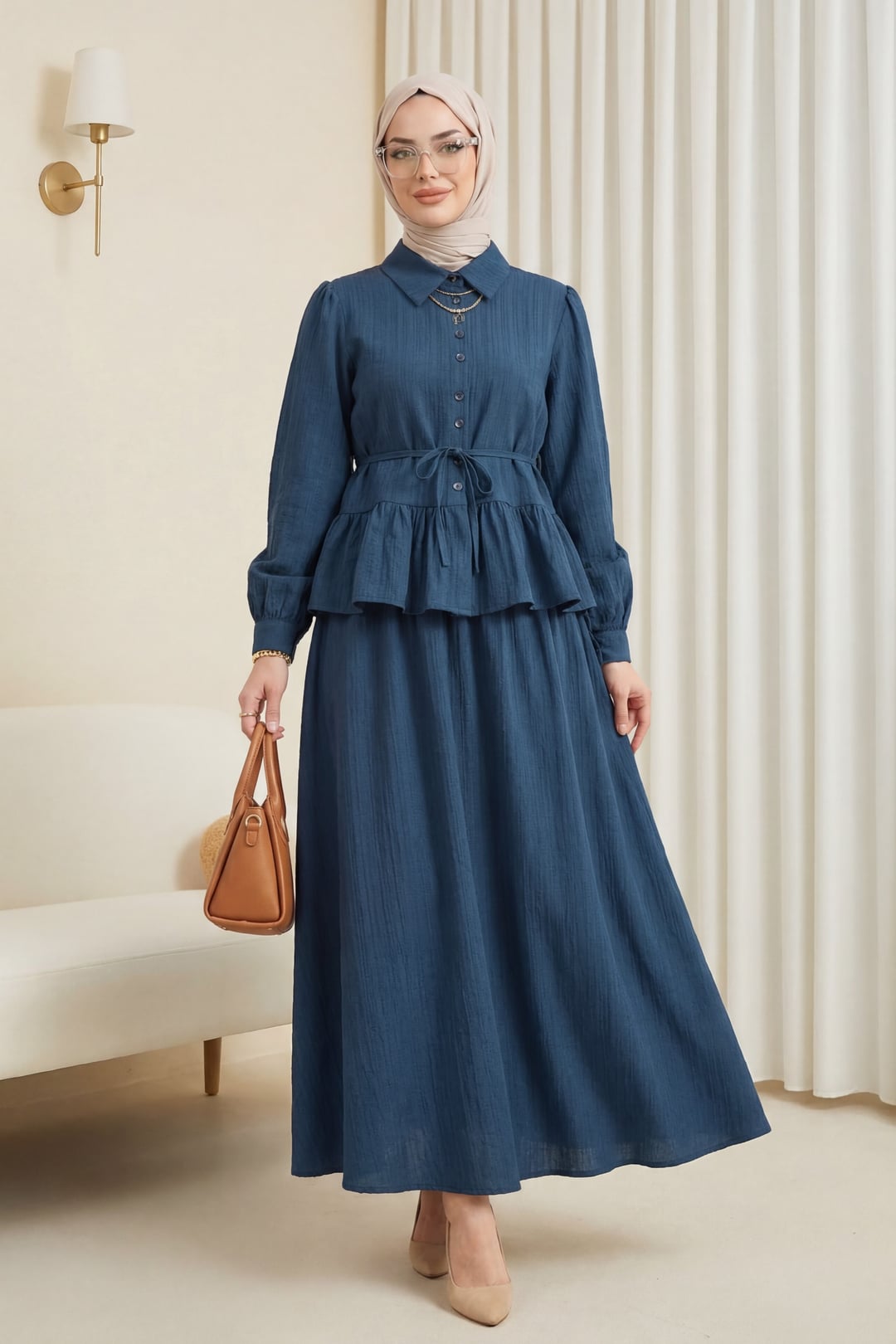 Button-Front Tunic and Maxi Skirt Set in Dark Blue - Podyumplus - by Peralane - photo 3