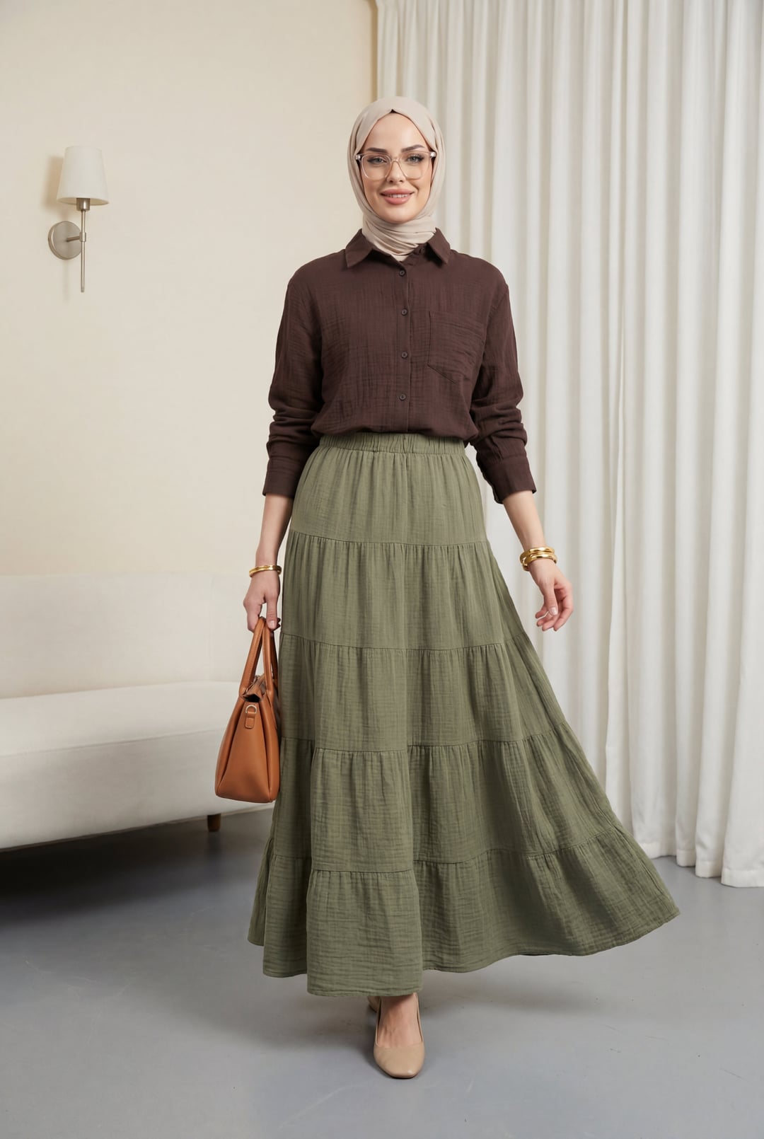 Elasticated Waist Tiered Muslin Maxi Skirt - Khaki - Podyumplus - by Peralane - photo 2