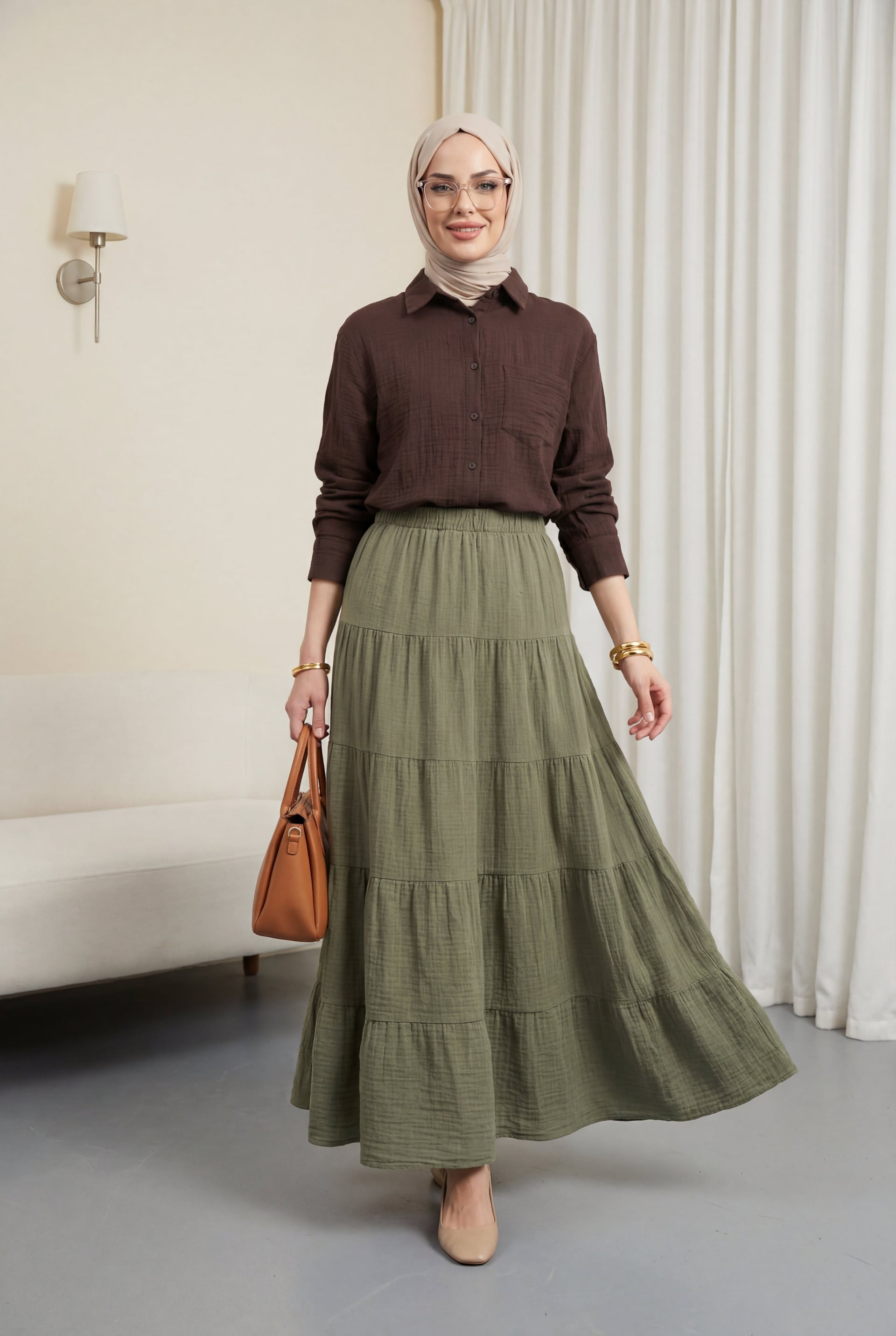 Elasticated Waist Tiered Muslin Maxi Skirt - Khaki - Podyumplus - by Peralane - photo 2