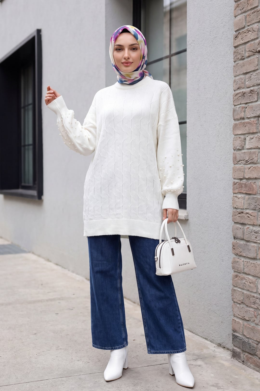 White Loose-Fit Knit Tunic with Pearl Bead Sleeve Details - Podyumplus - by Peralane - photo 4