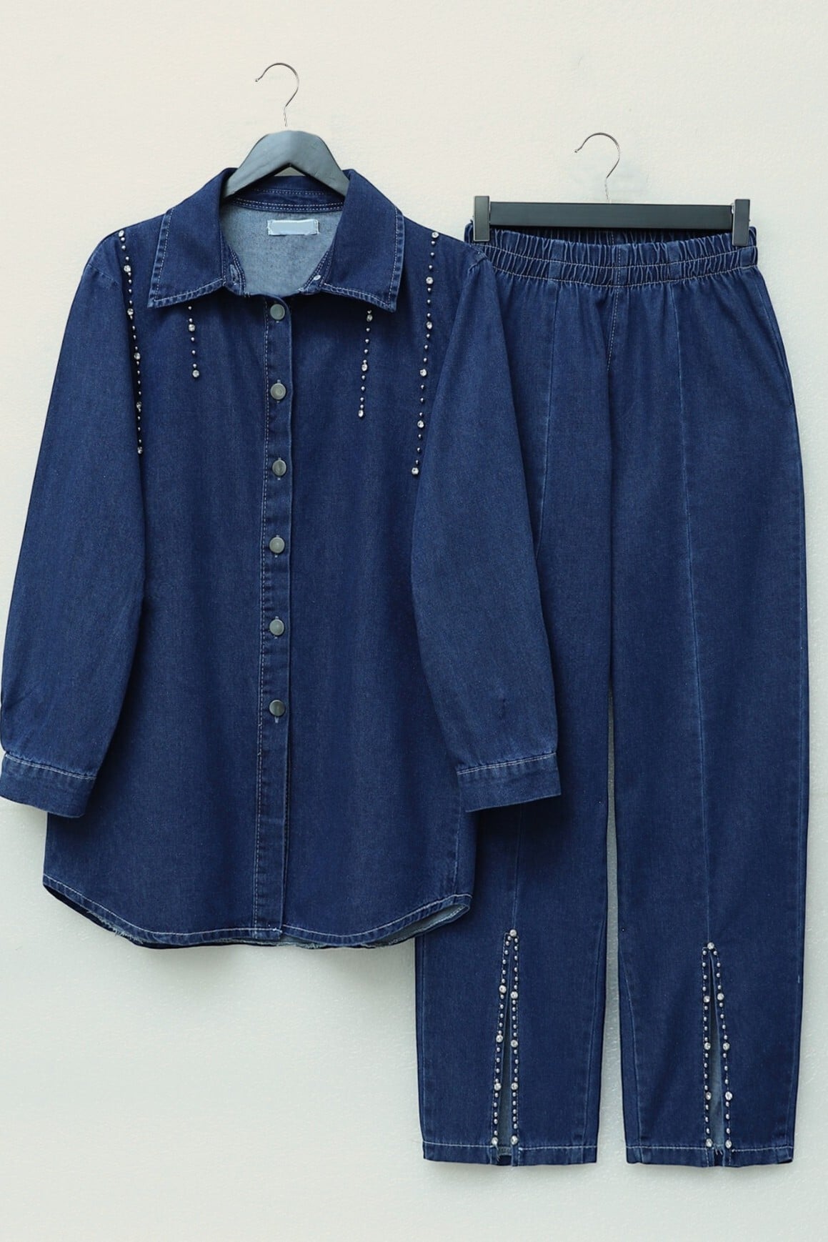 Women's Two-Piece Denim Co-ord Set with Slit Hem and Beaded Details - Navy - Podyumplus - by Peralane - photo 3