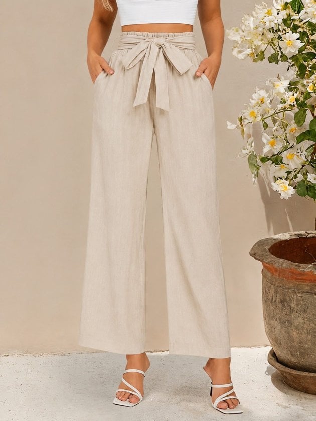 Women's High Waist Elasticated Paperbag Wide-Leg Crinkle Trousers - Beige - Janes - by Peralane