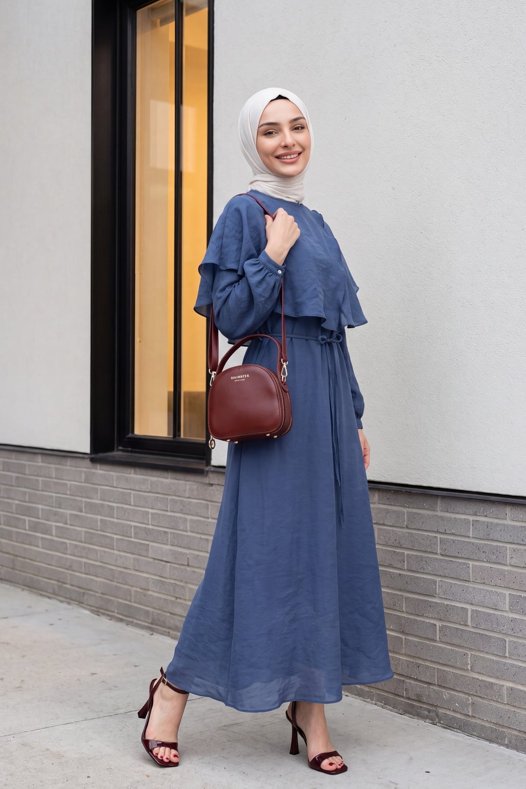 Indigo Ruffled Cape Collar Lined Belted Tulle Modal Dress - Podyumplus - by Peralane - photo 3