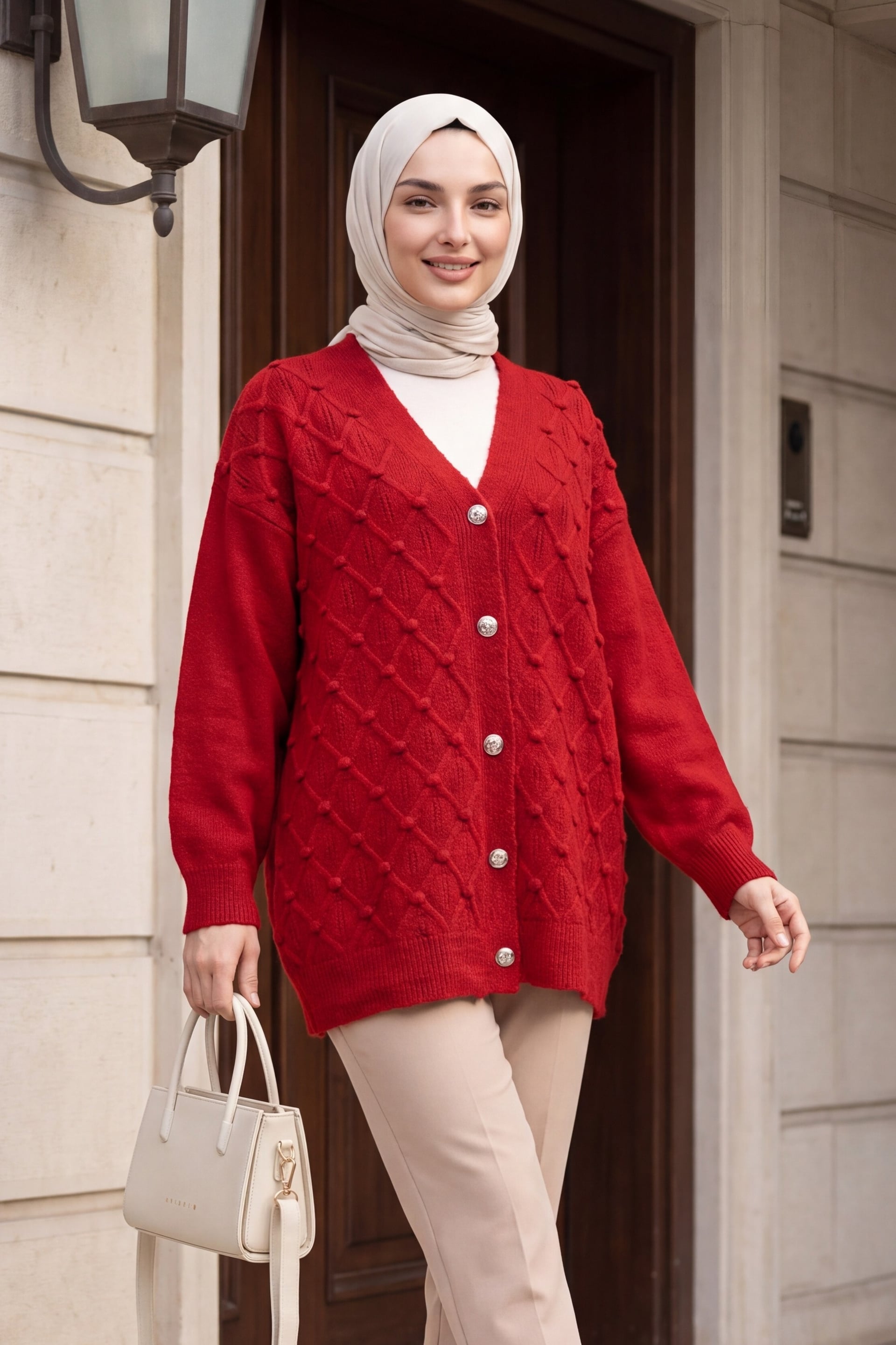 Red Raised Bobble Buttoned Knit Cardigan - Podyumplus - by Peralane