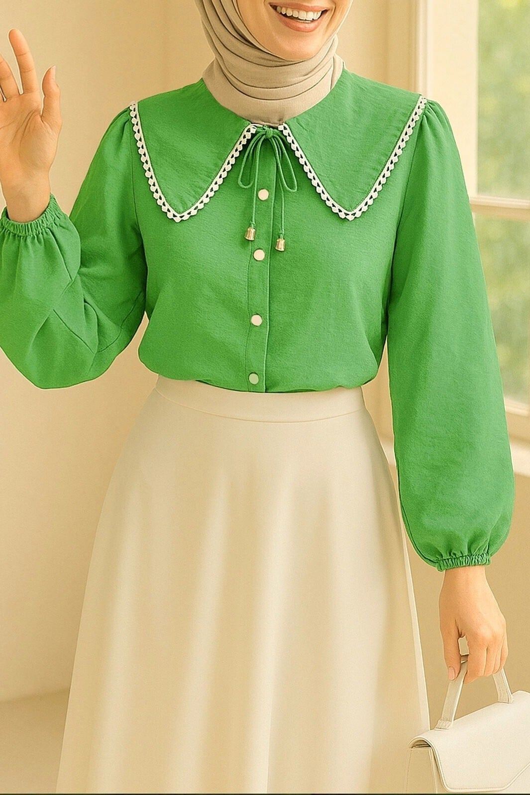 Peter Pan Collar Shirt with Lace Trim and Elasticated Cuffs - Green - Podyumplus - by Peralane - photo 4
