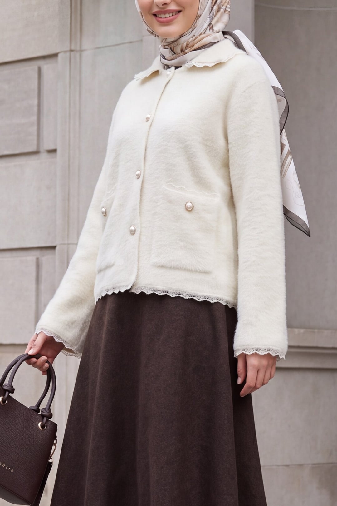 Cream Lace Detail Double Pocket Pearl Button Cardigan - Podyumplus - by Peralane
